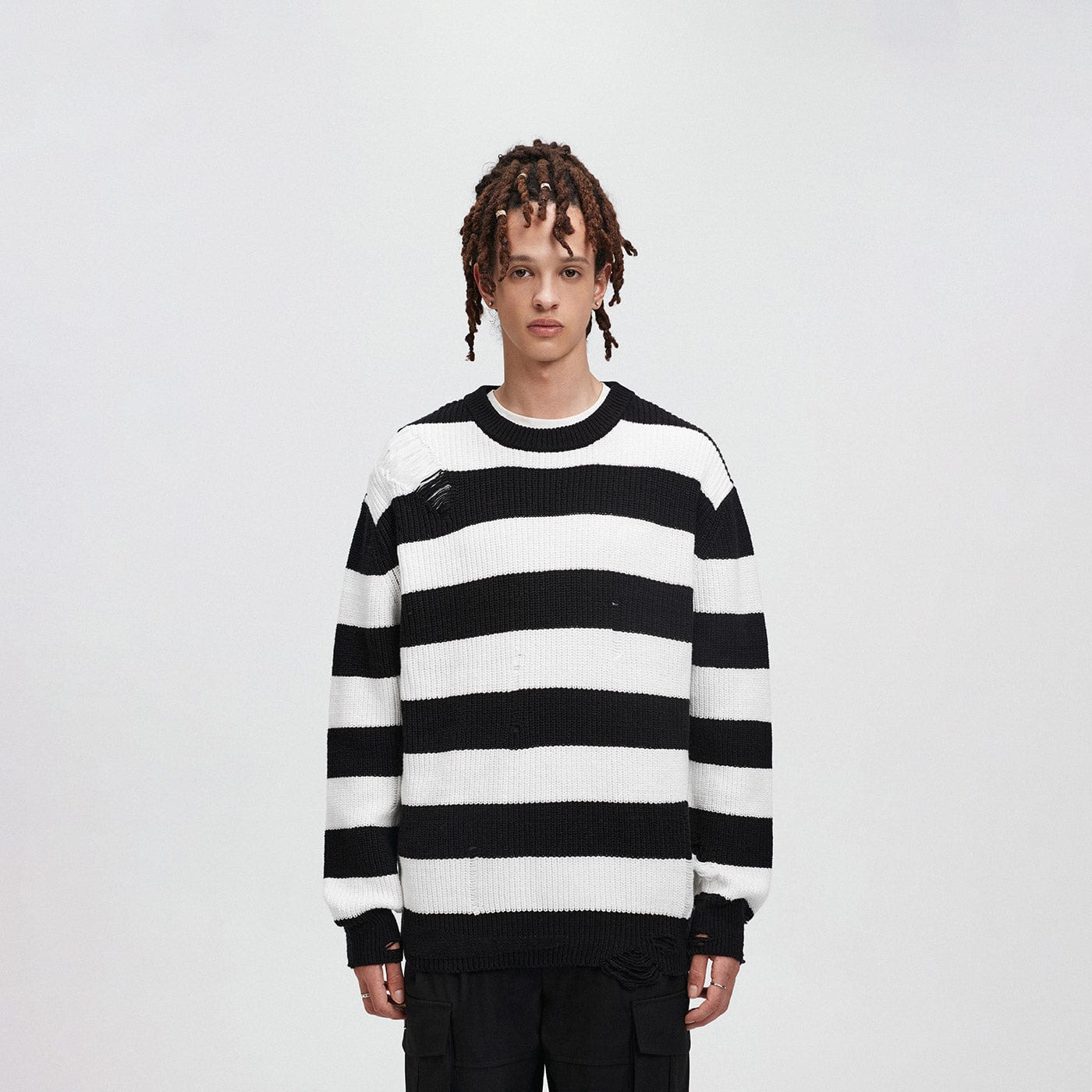 BONELESS Ripped Contrasted Stripes Sweater, premium urban and streetwear designers apparel on PROJECTISR.com, BONELESS