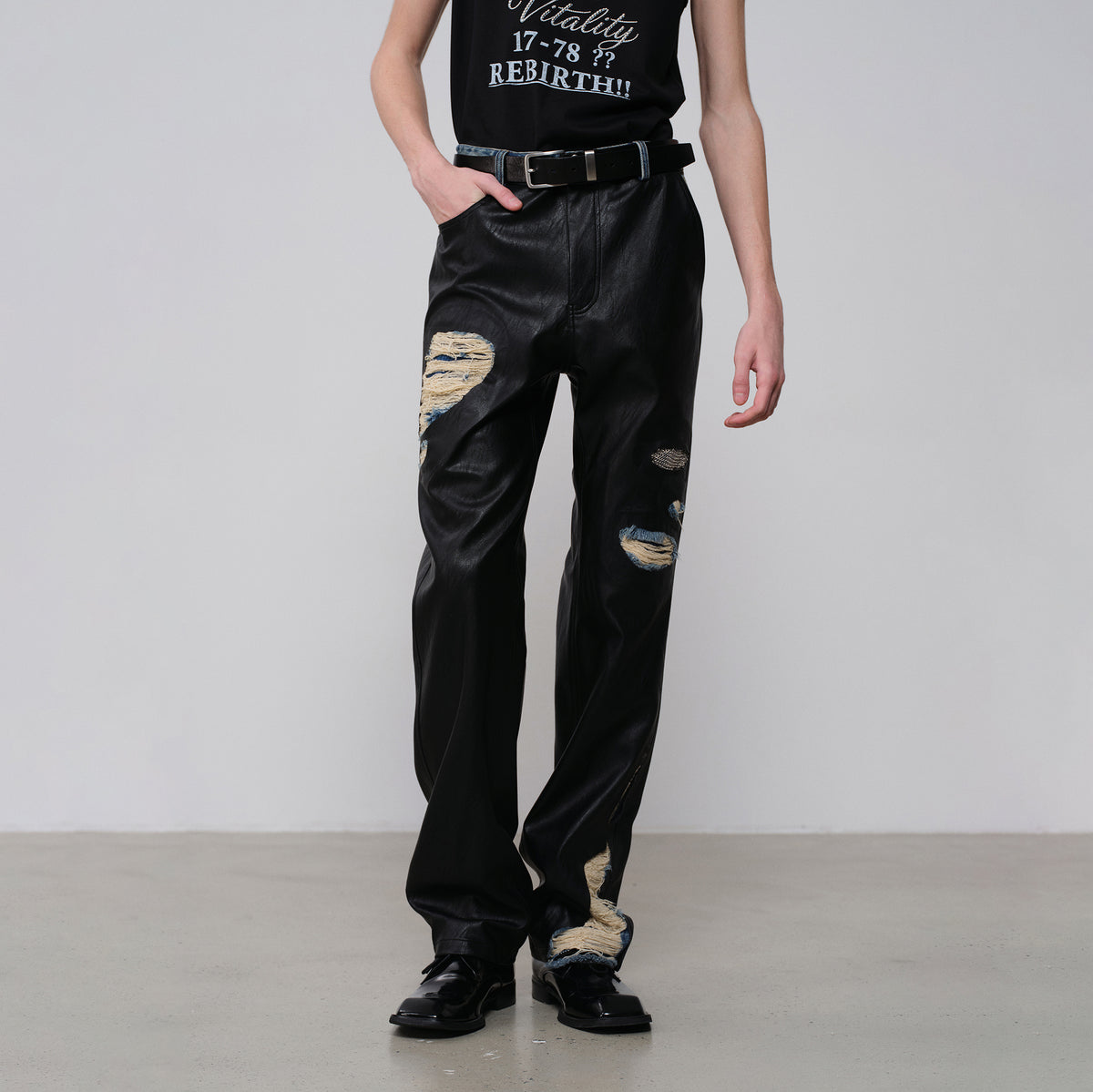 FACEONLAB Faux Leather Spliced Distressed Punk Jeans