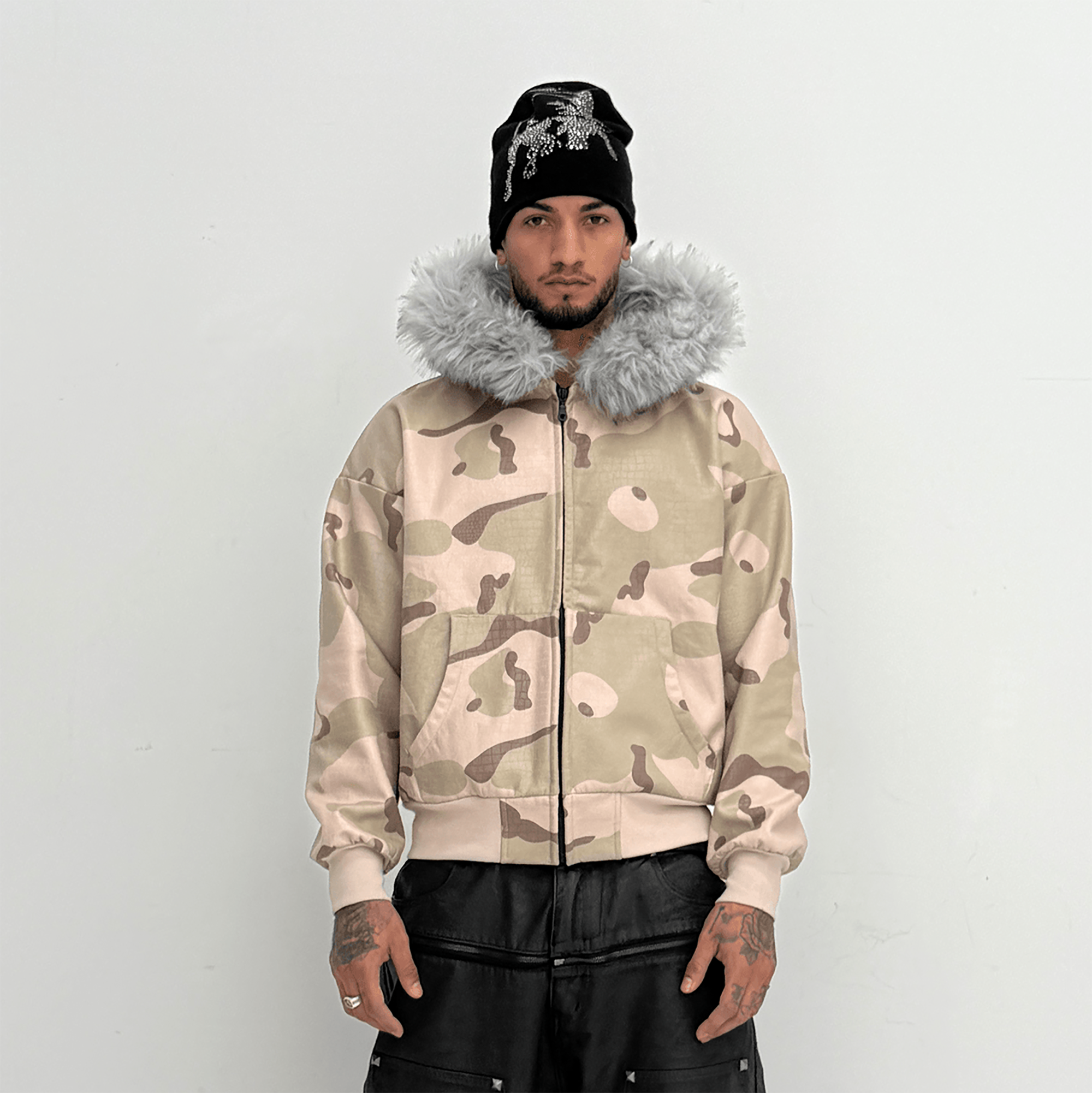 TECNINEGROUP Camo Waxed Faux Fur Hooded Jacket