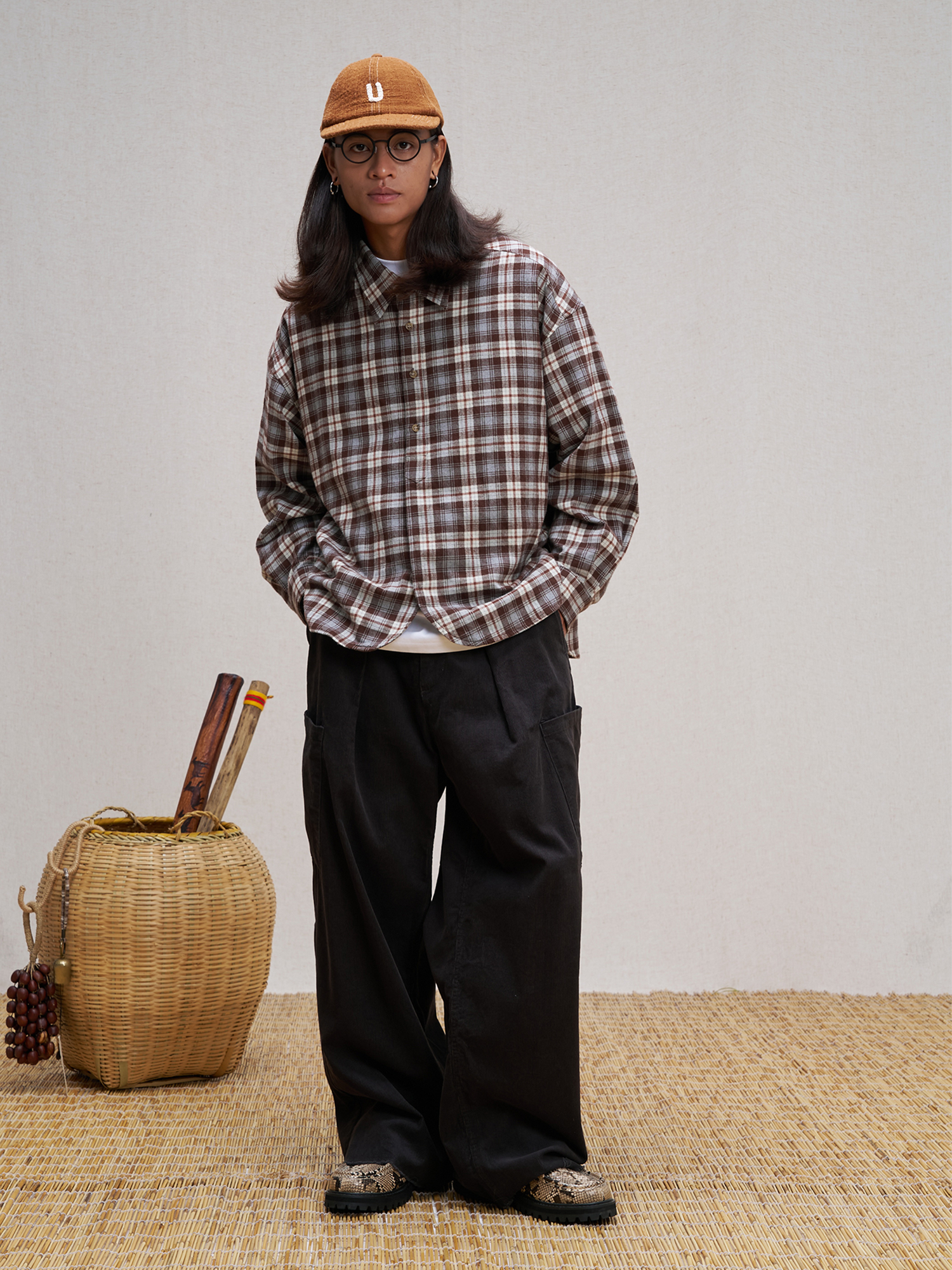 UNLIMITED MOTE Plaid Oversized Half-Open Collar Shirt Brown, premium urban and streetwear designers apparel on PROJECTISR.com, UNLIMITED MOTE