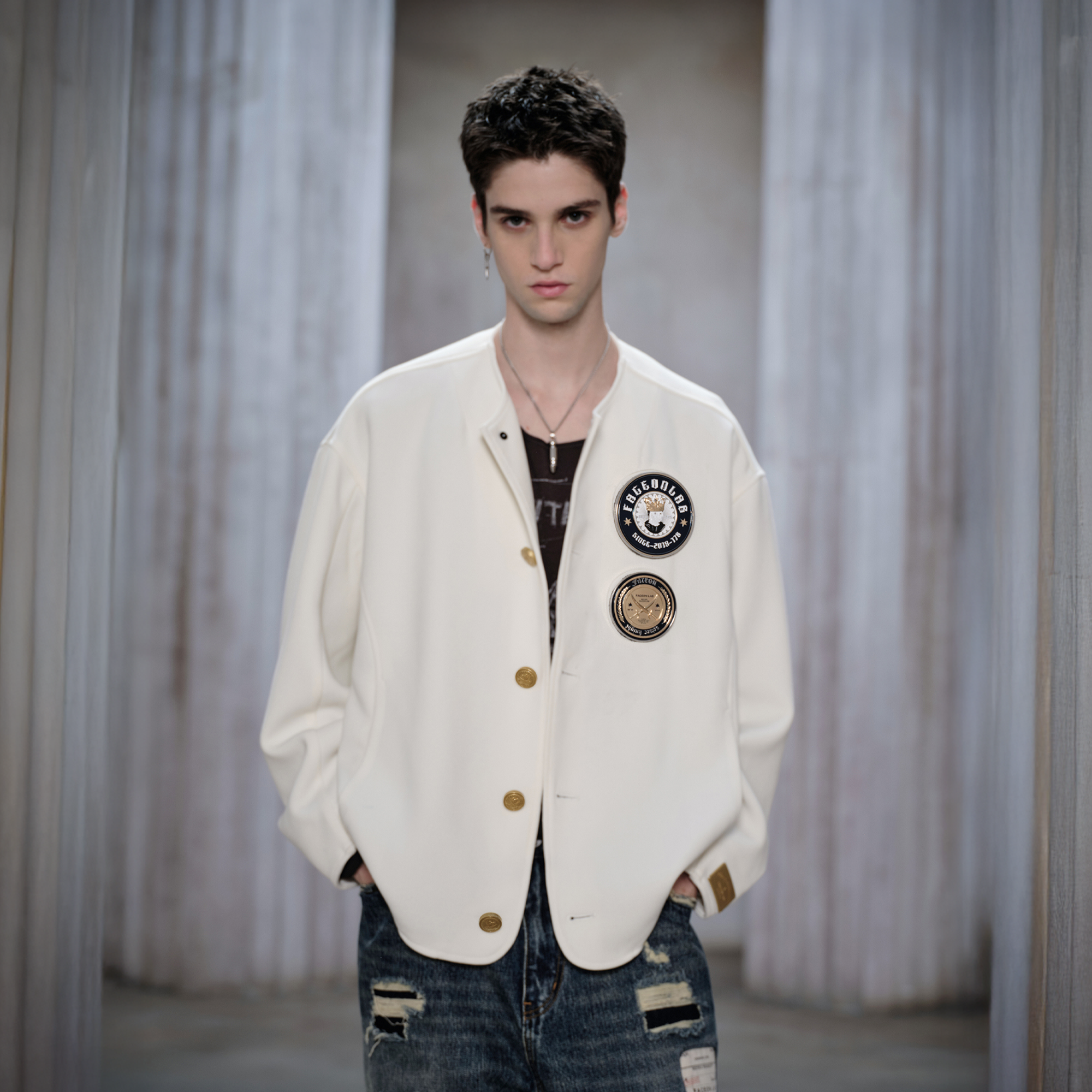 FACEONLAB Badge-Patch Crew-Neck Oversized Jacket