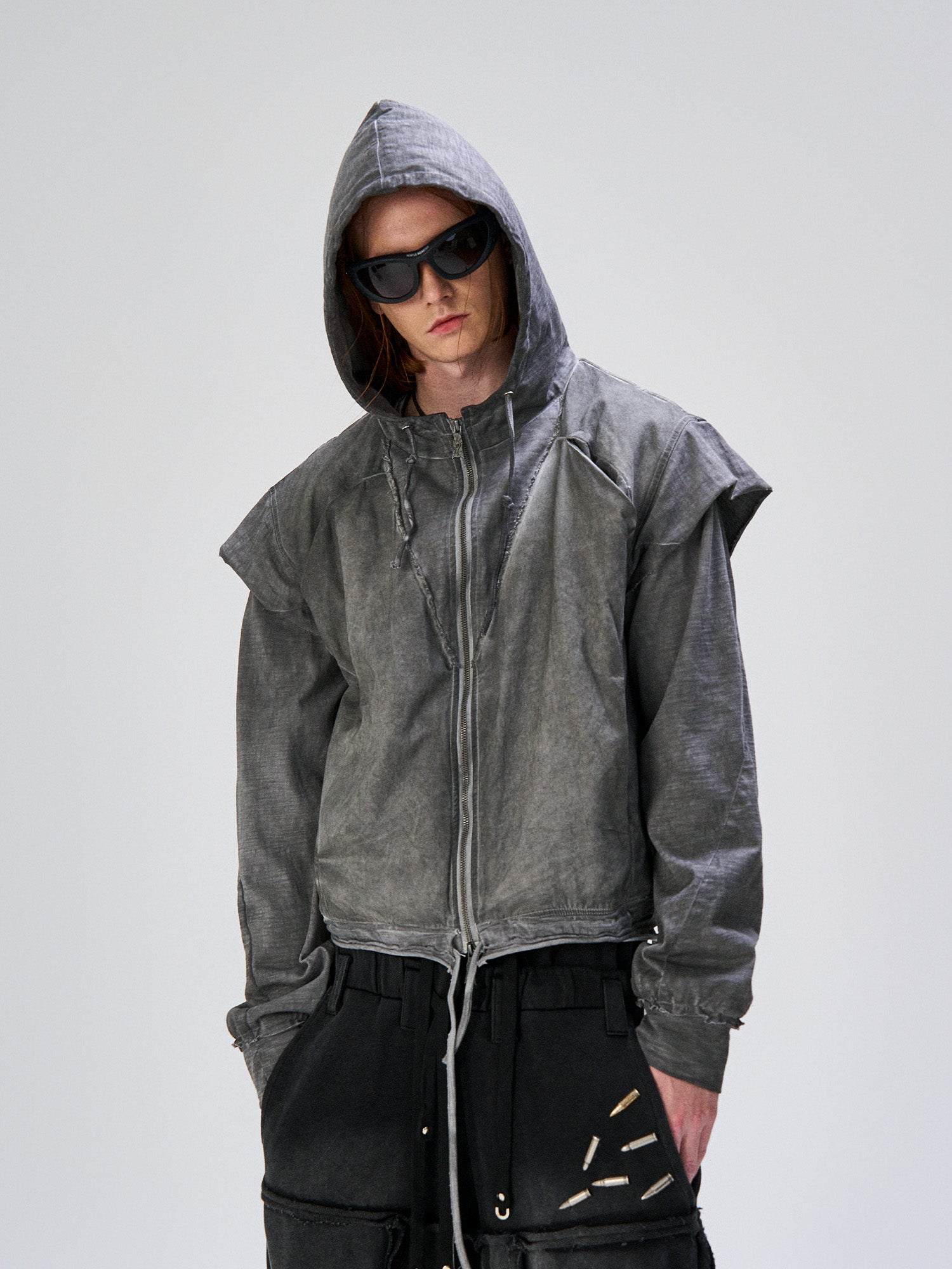 FLYERRER Distressed Layered Drawstring Hooded Jacket, premium urban and streetwear designers apparel on PROJECTISR.com, FLYERRER