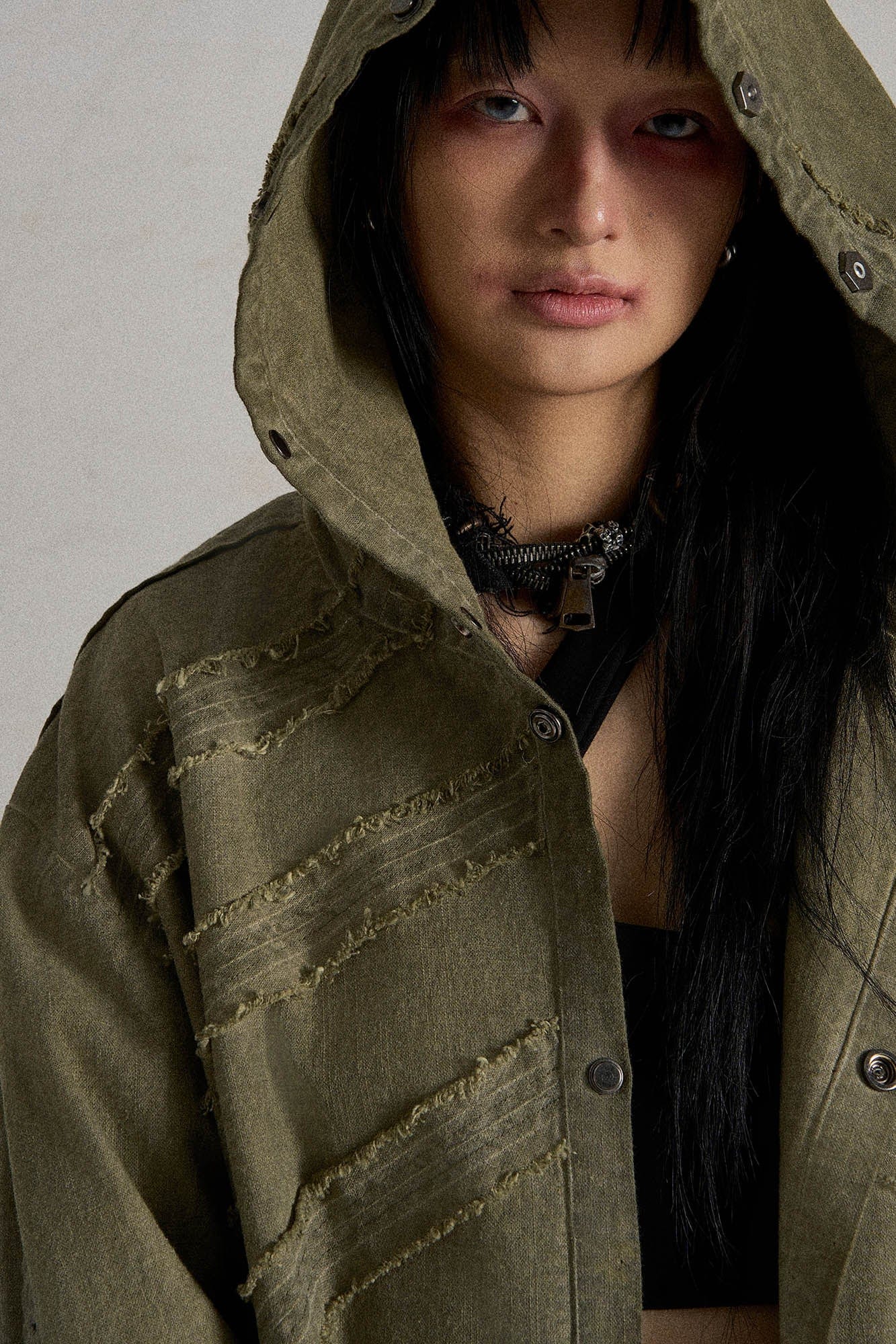 FLYERRER Frayed Fishbone Spliced Strap Hooded Jacket