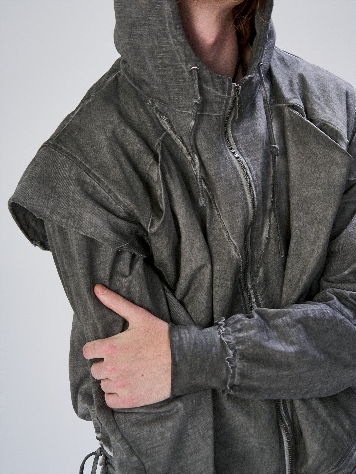 FLYERRER Distressed Layered Drawstring Hooded Jacket, premium urban and streetwear designers apparel on PROJECTISR.com, FLYERRER