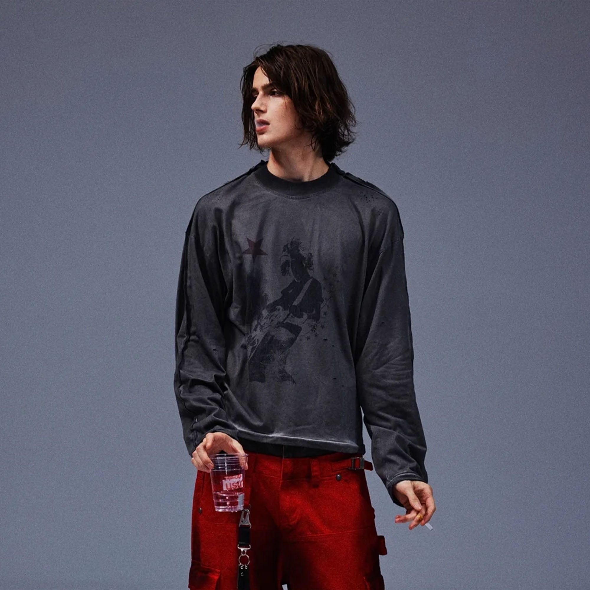 TECNINEGROUP Guitar Graphic Distressed Long-Sleeve Tee, premium urban and streetwear designers apparel on PROJECTISR.com, TECNINEGROUP