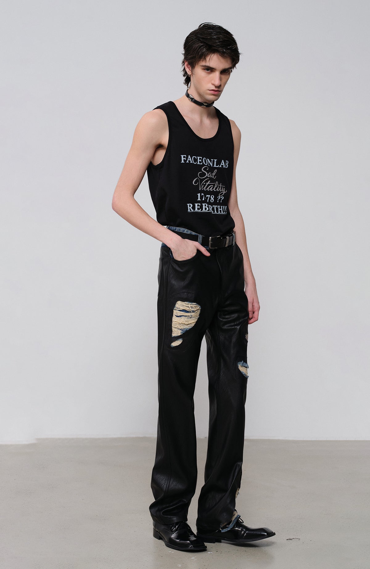 FACEONLAB Faux Leather Spliced Distressed Punk Jeans