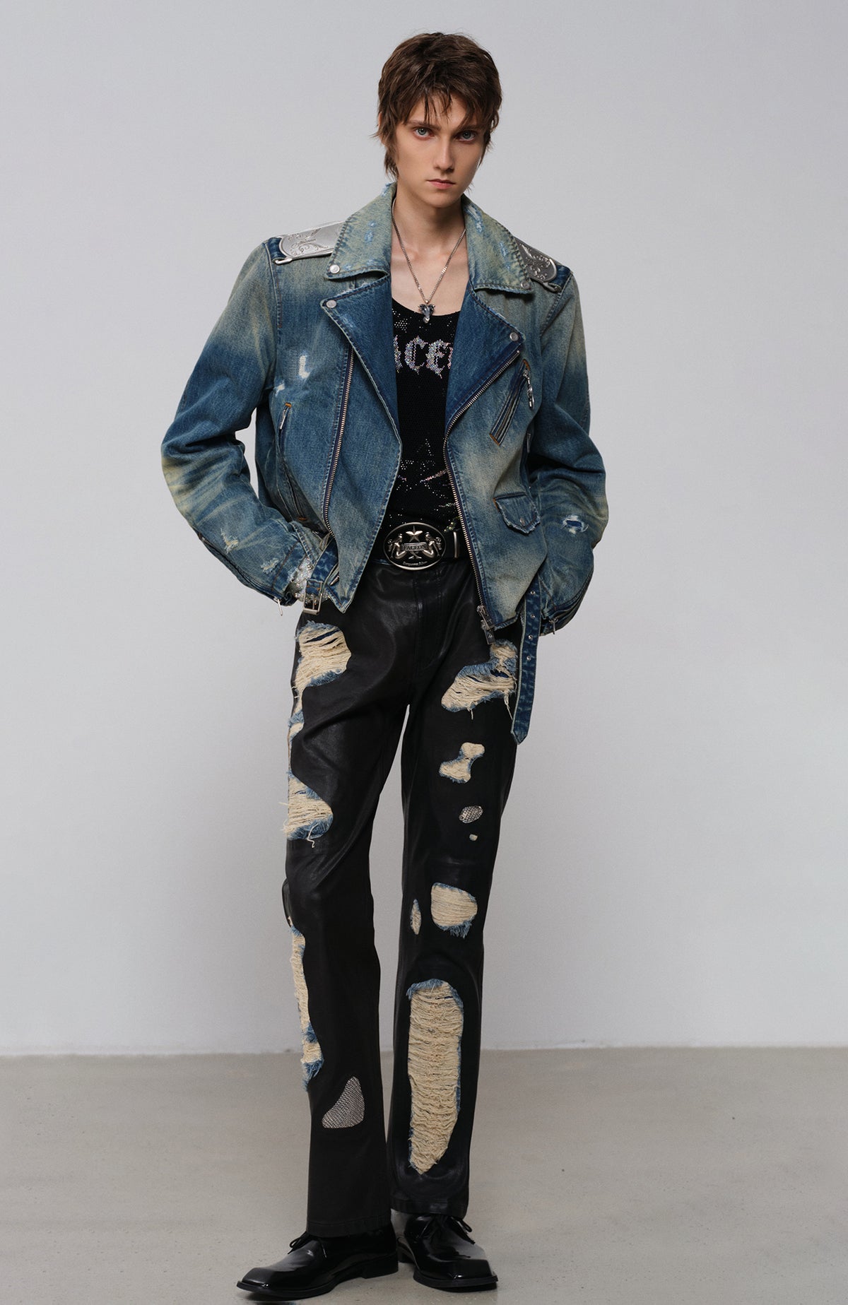FACEONLAB Metal Epaulette Washed Biker Jacket
