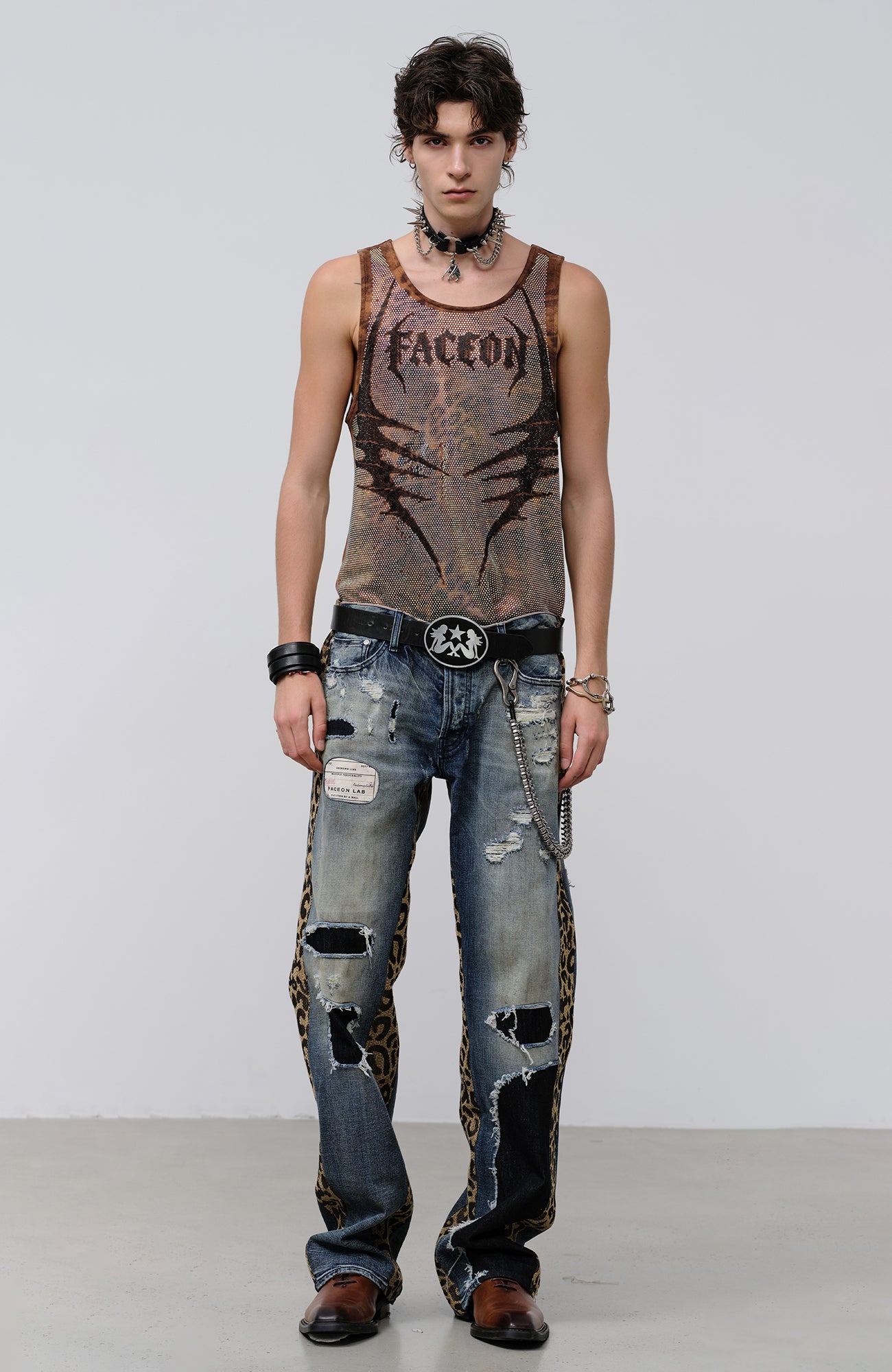 FACEONLAB Leopard Panel Distressed Straight-Leg Jeans