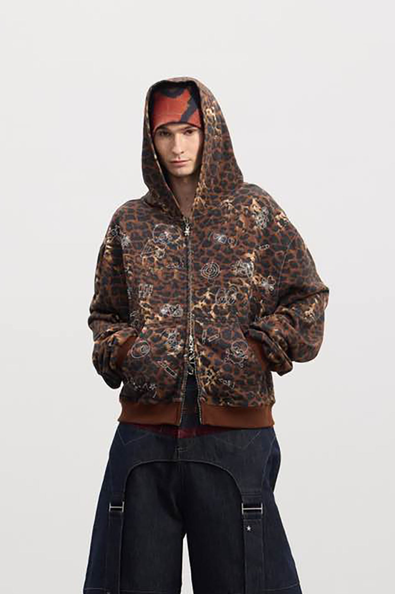 DND4DES Cartoon Rhinestone Leopard Zip-Up Hoodie