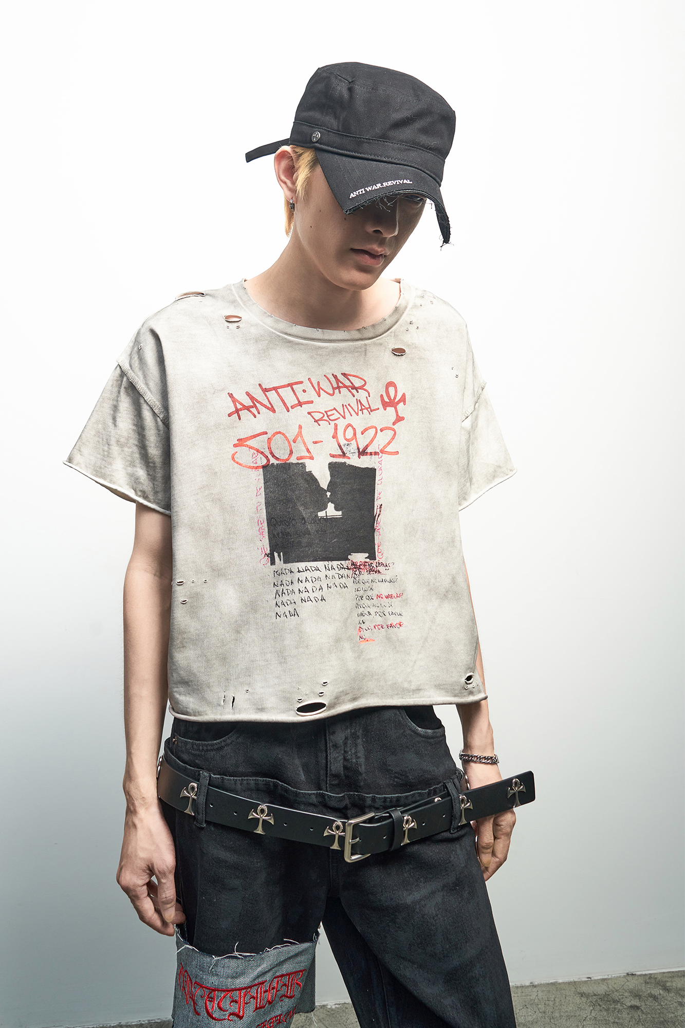 ANTI WAR REVIVAL Distressed Graffiti Washed T-Shirt