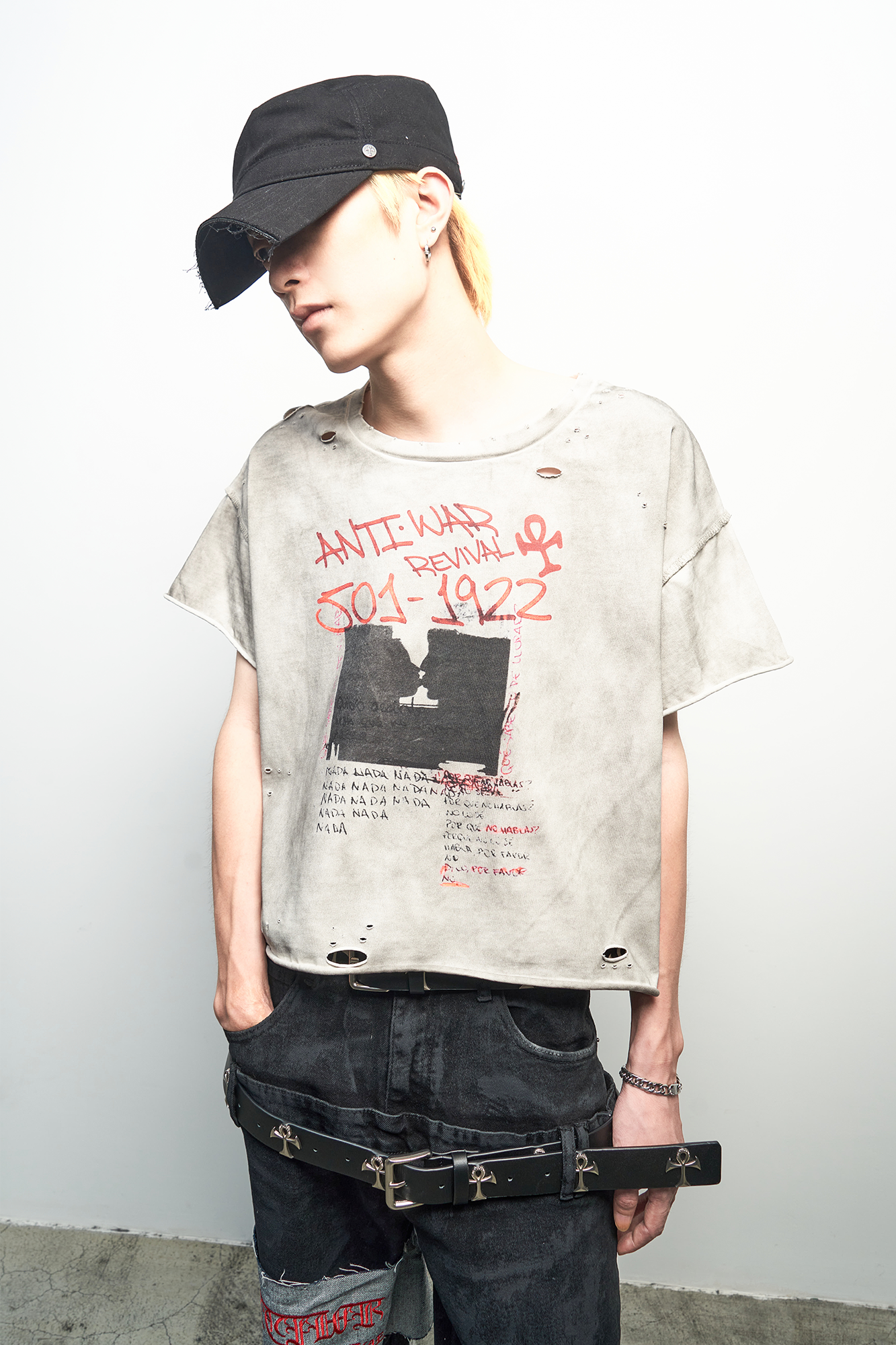 ANTI WAR REVIVAL Distressed Graffiti Washed T-Shirt