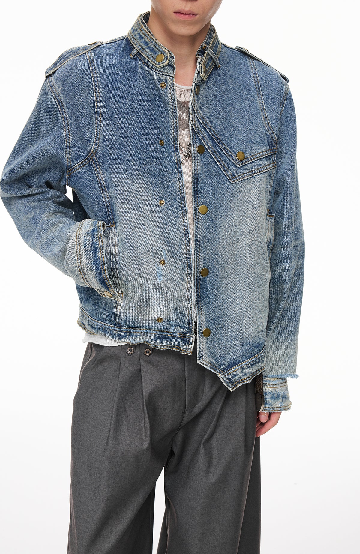 BOTANIC Washed Distressed Denim Biker Jacket