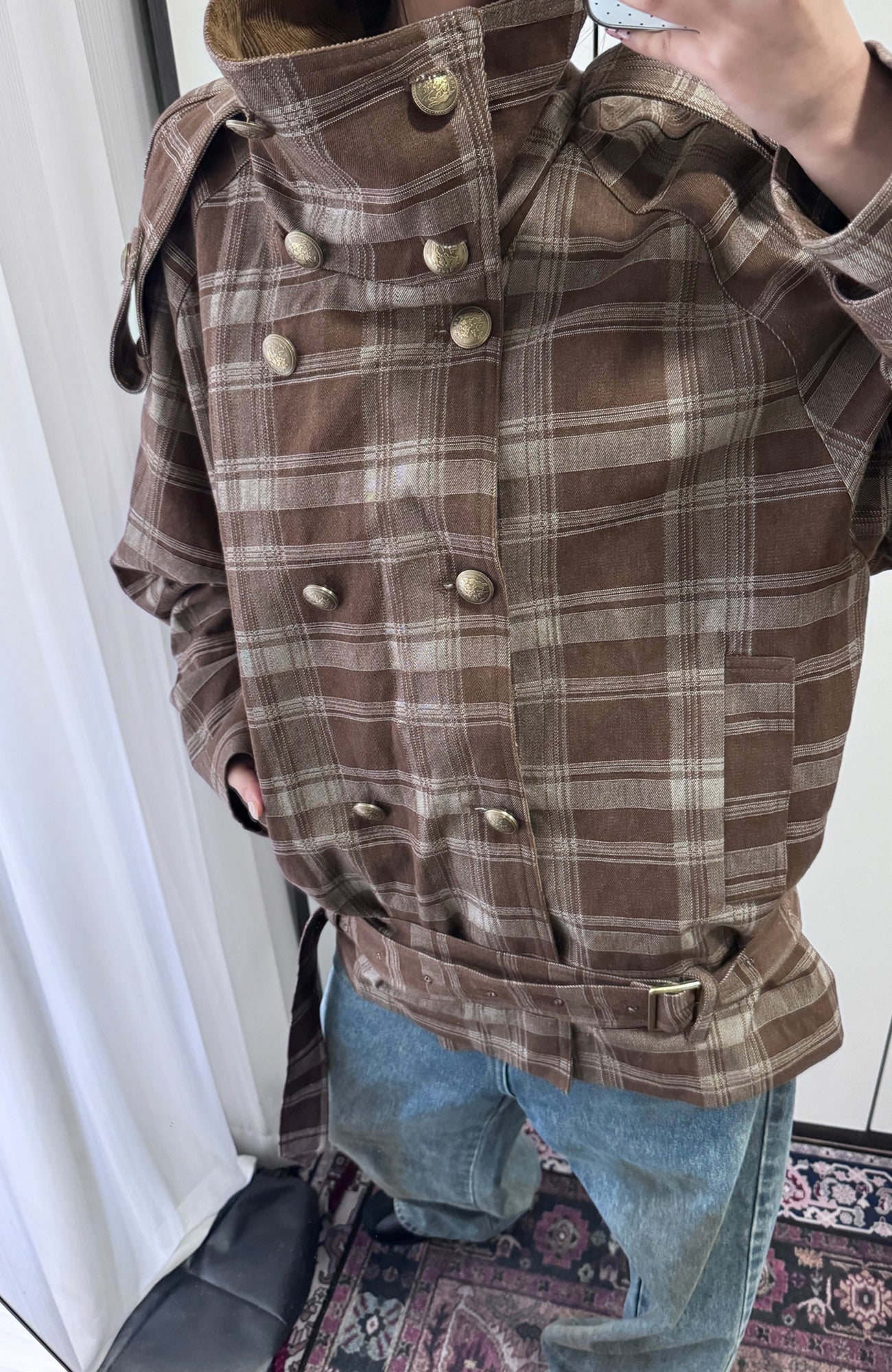 TRECLUB Retro Plaid Double-Breasted Trench Jacket, premium urban and streetwear designers apparel on PROJECTISR.com, TRECLUB