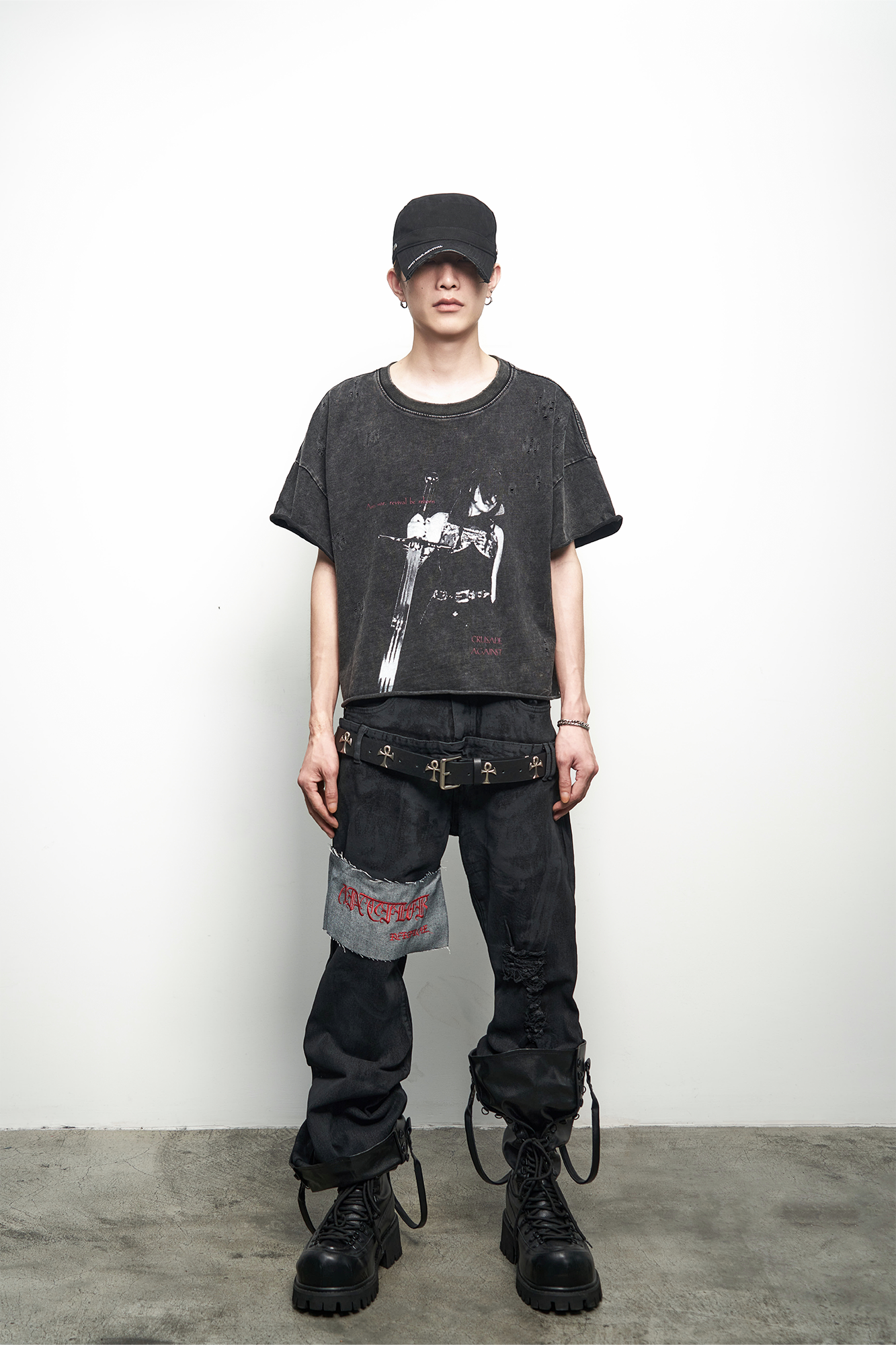 ANTI WAR REVIVAL Panelled Waxed Distressed Embroidered Double-Waistband Jeans