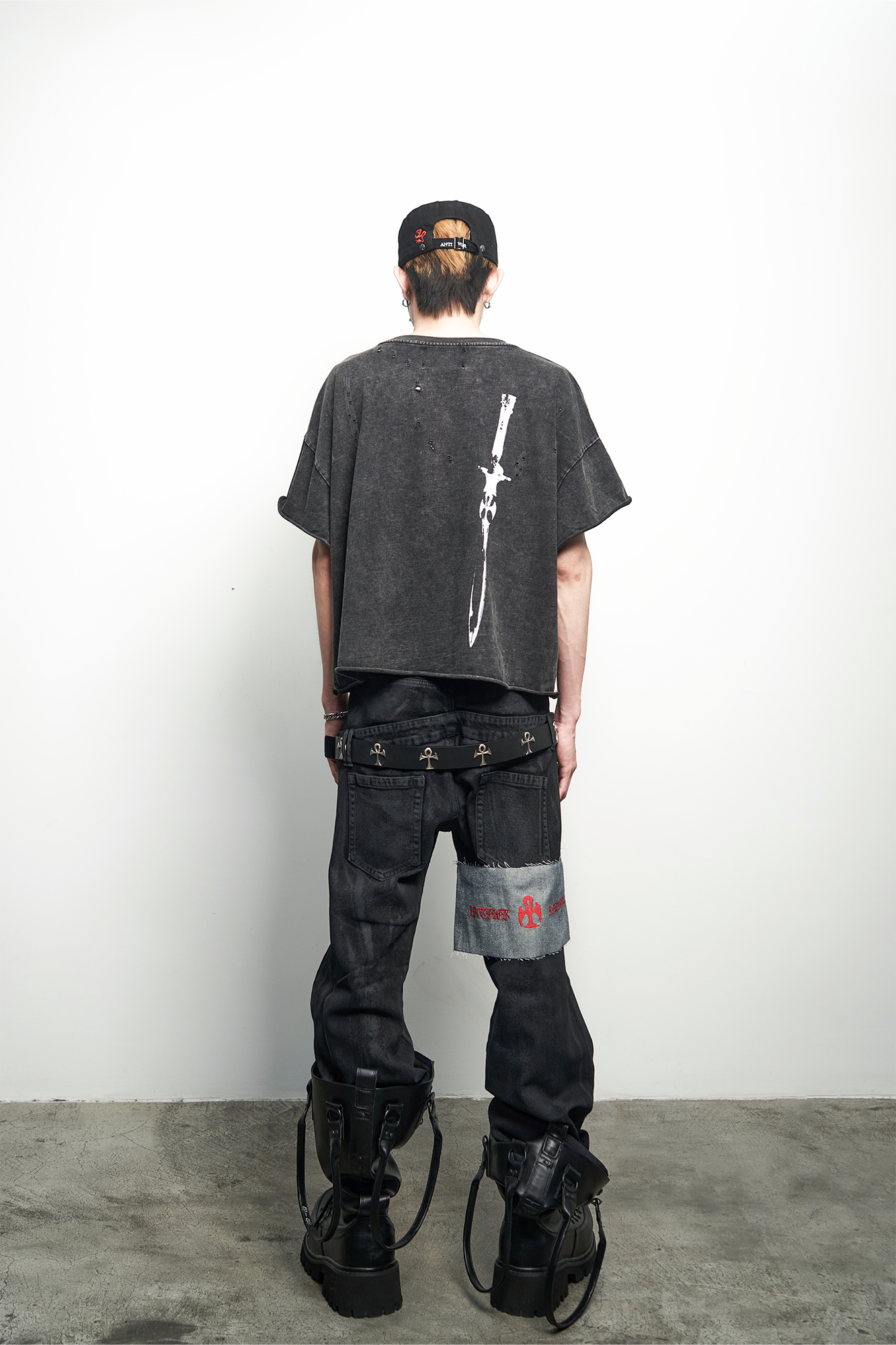 ANTI WAR REVIVAL Panelled Waxed Distressed Embroidered Double-Waistband Jeans