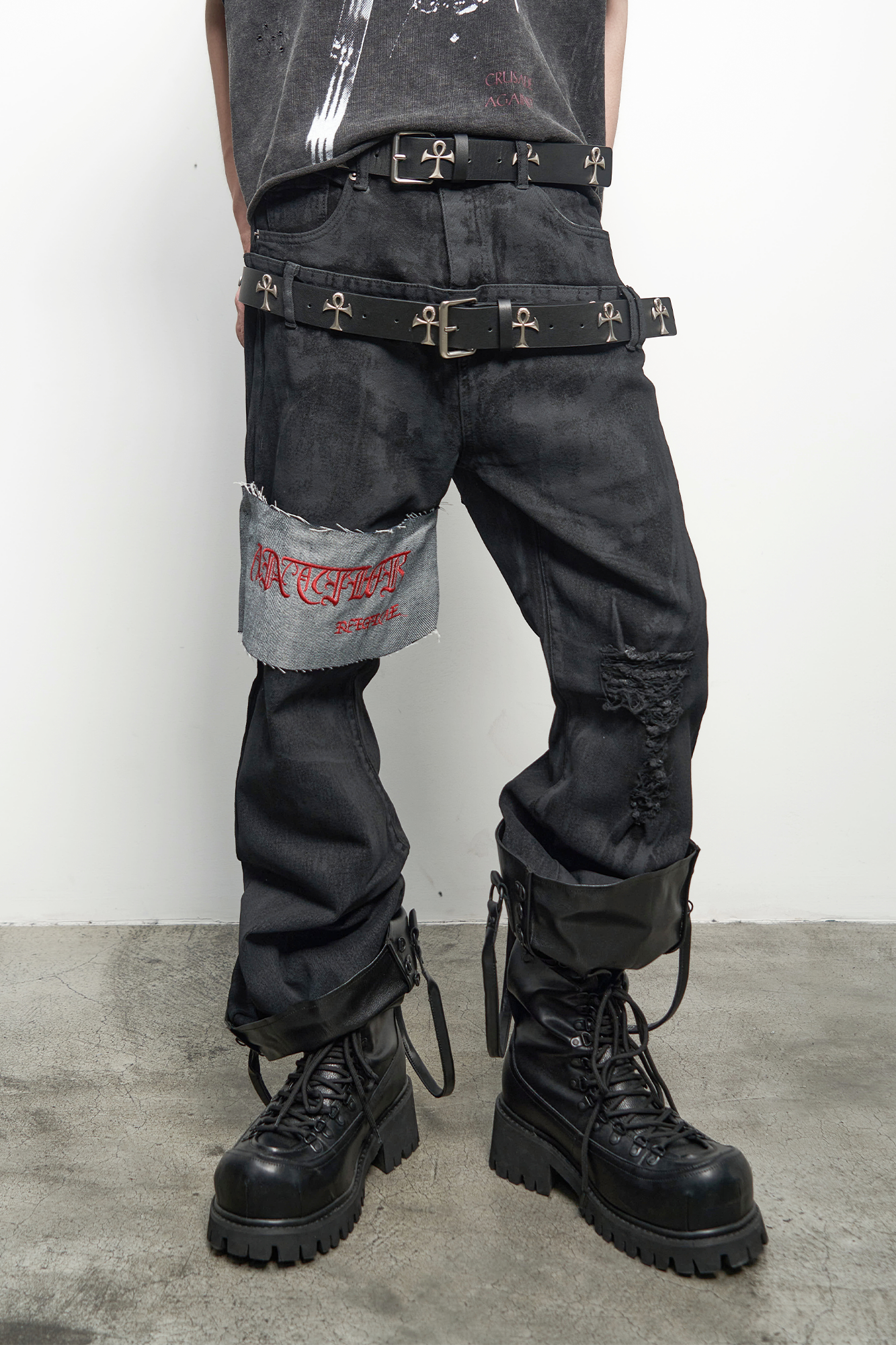ANTI WAR REVIVAL Panelled Waxed Distressed Embroidered Double-Waistband Jeans
