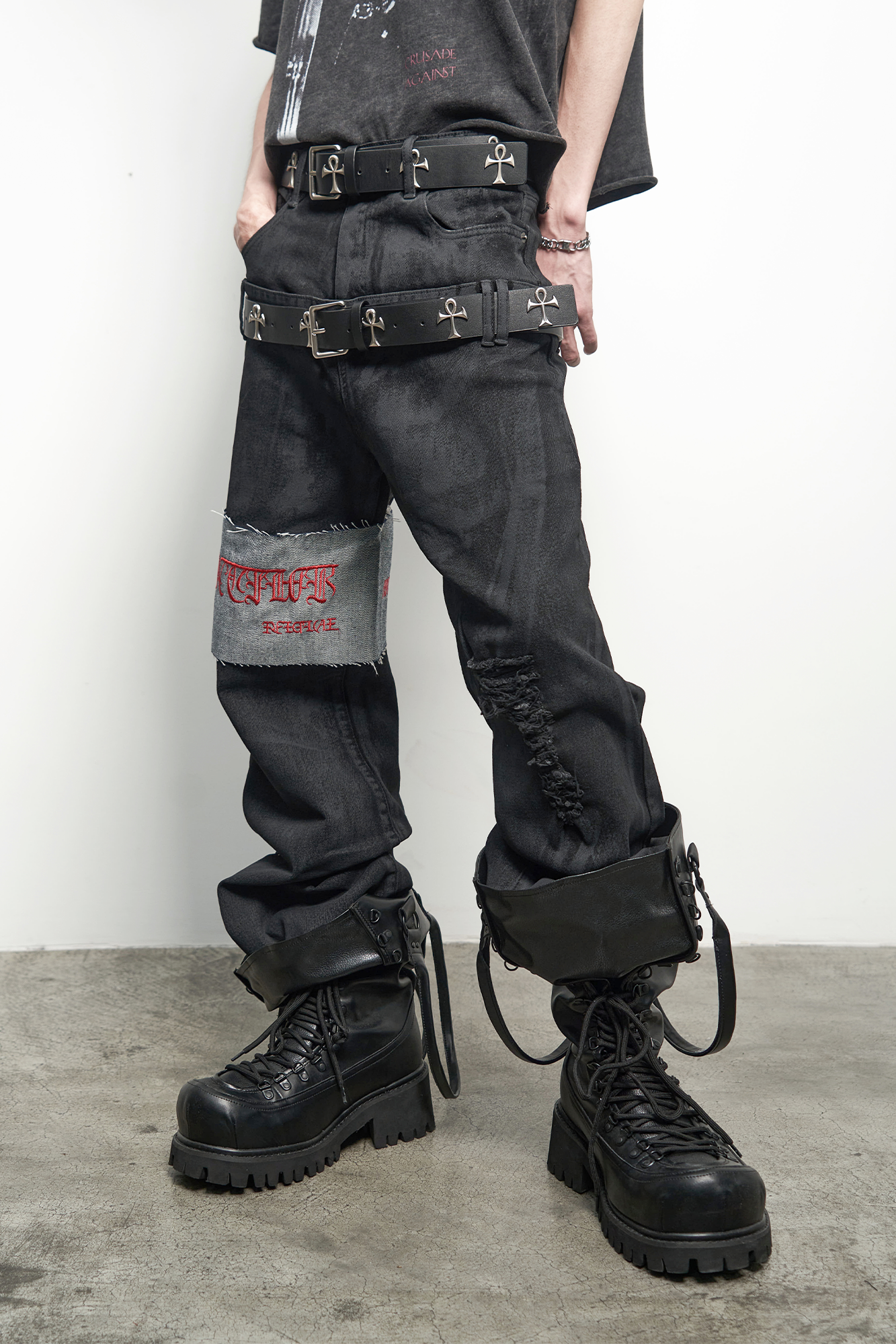 ANTI WAR REVIVAL Panelled Waxed Distressed Embroidered Double-Waistband Jeans