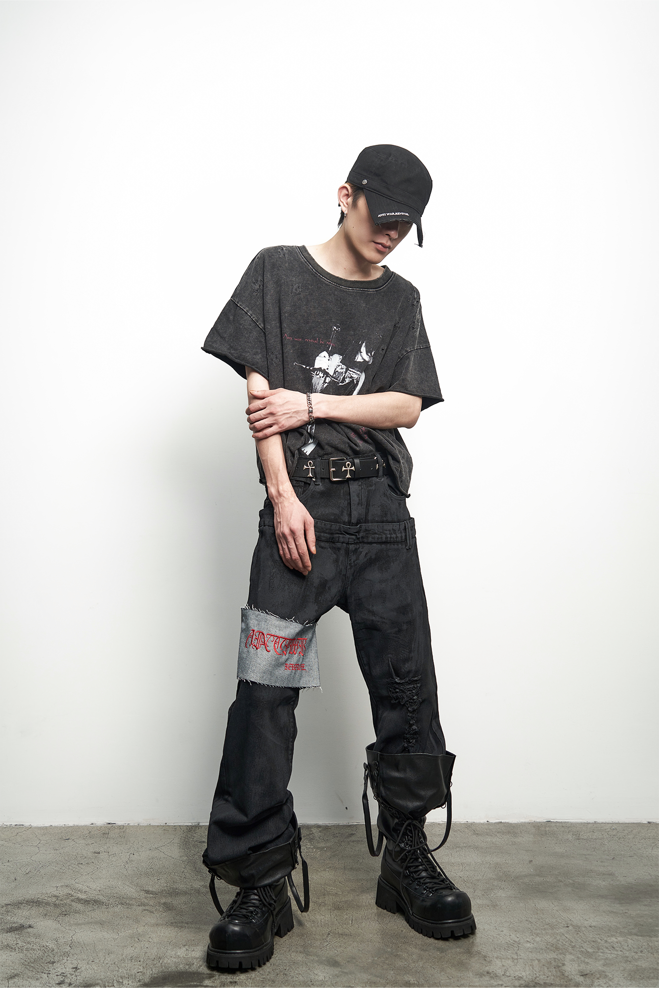 ANTI WAR REVIVAL Panelled Waxed Distressed Embroidered Double-Waistband Jeans