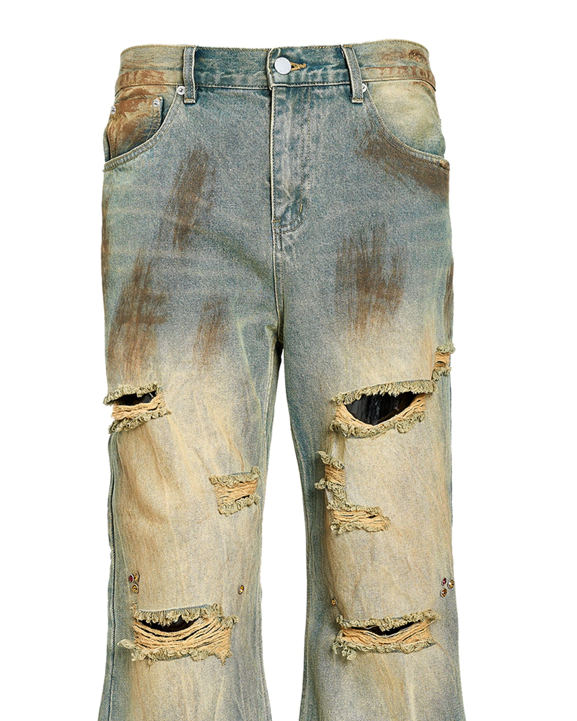 STEEPC Acid-Washed Ripped Flare Jeans