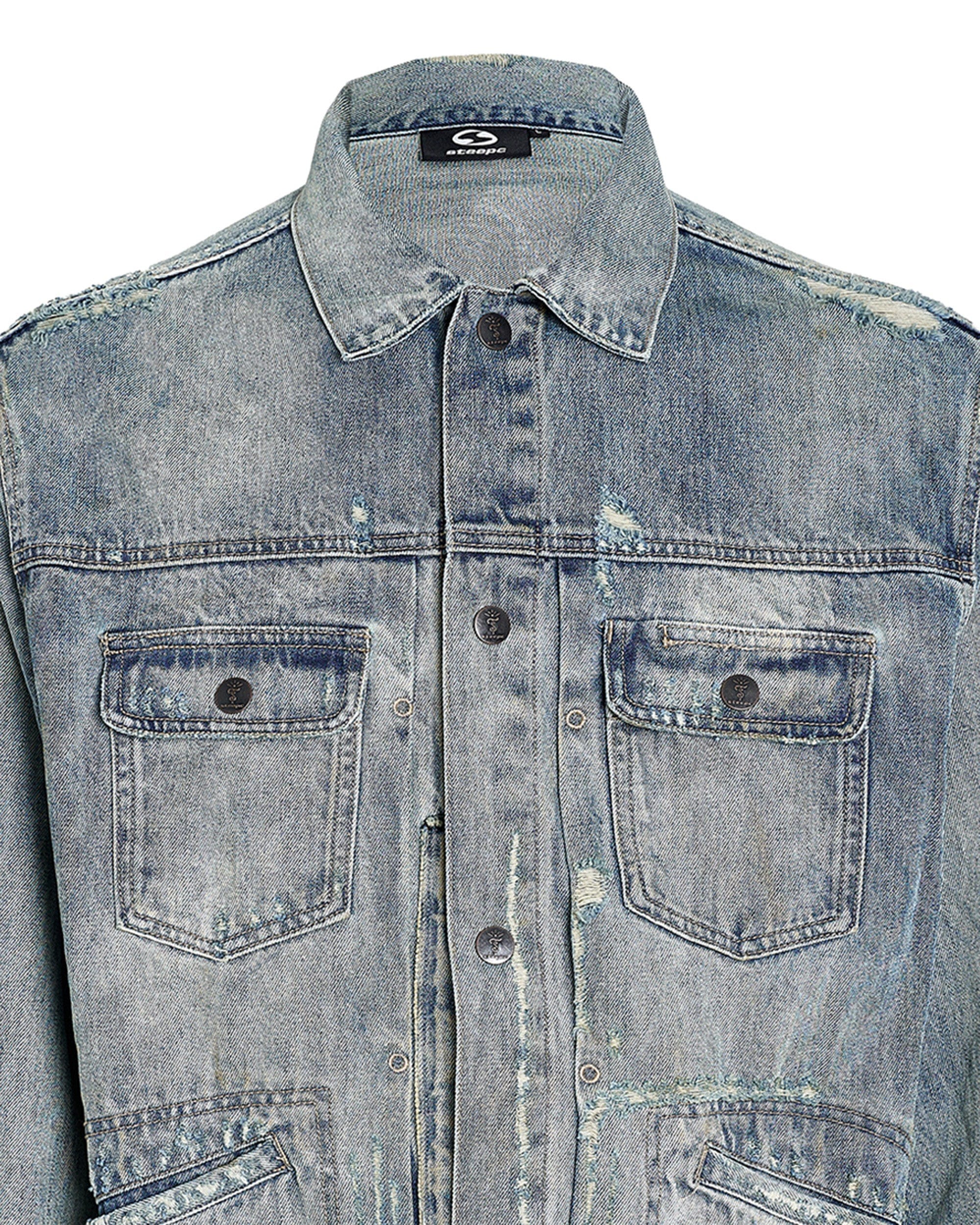 STEEPC Washed Multi Pockets Distressed Denim Jacket