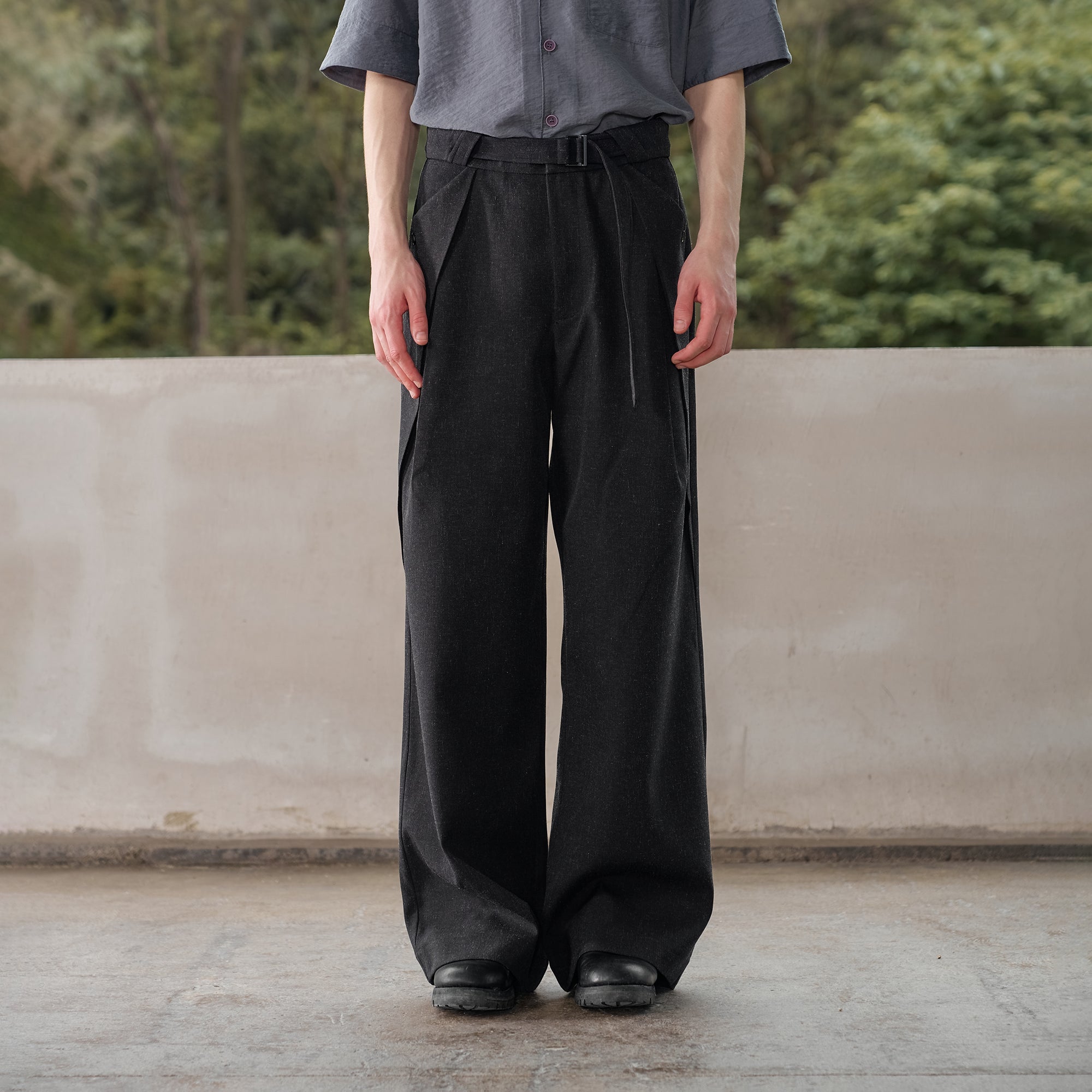 MOITIEDEPETALE Linen-Blend Wrap Belt Curved-Leg Trousers