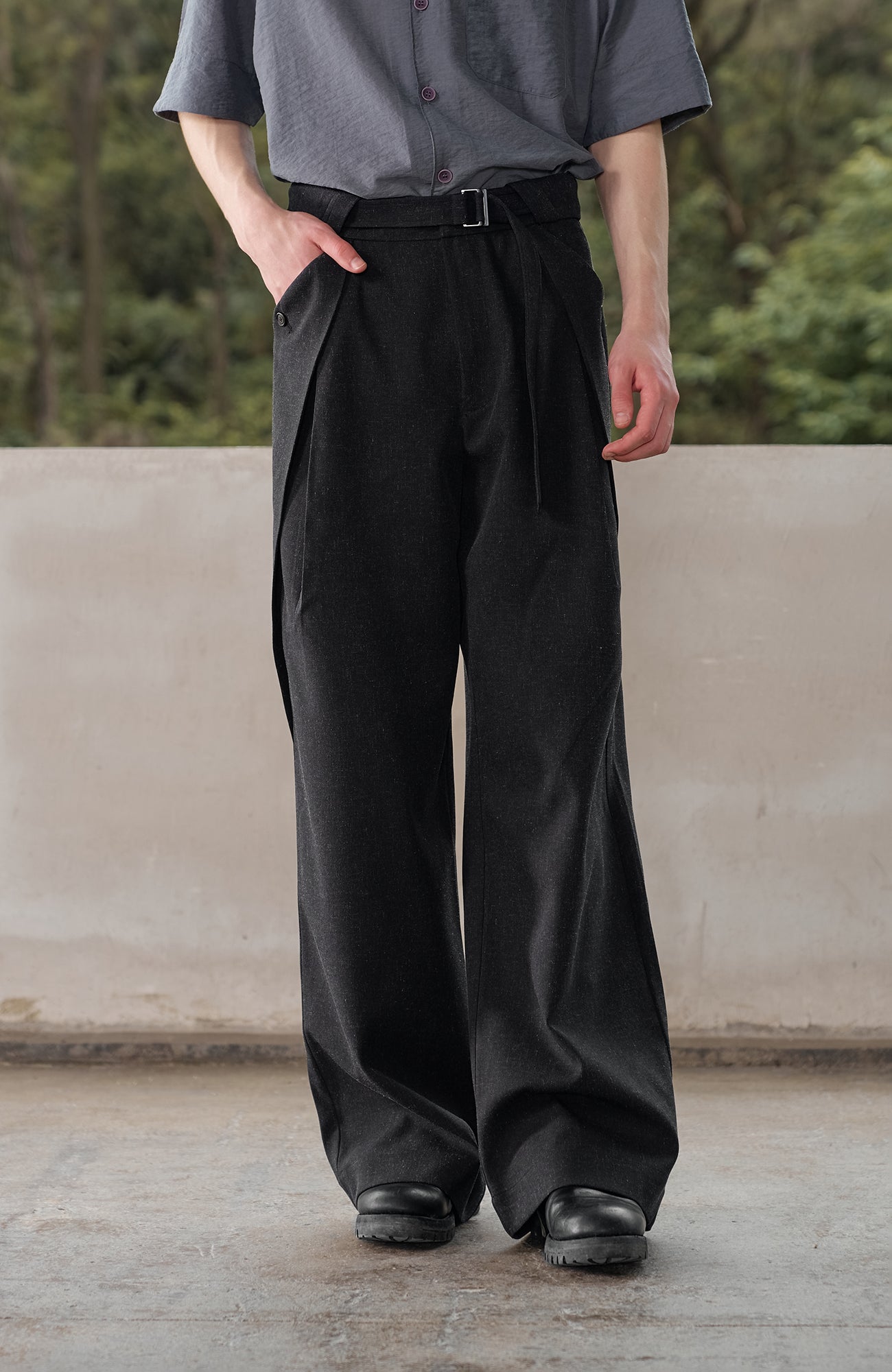 MOITIEDEPETALE Linen-Blend Wrap Belt Curved-Leg Trousers