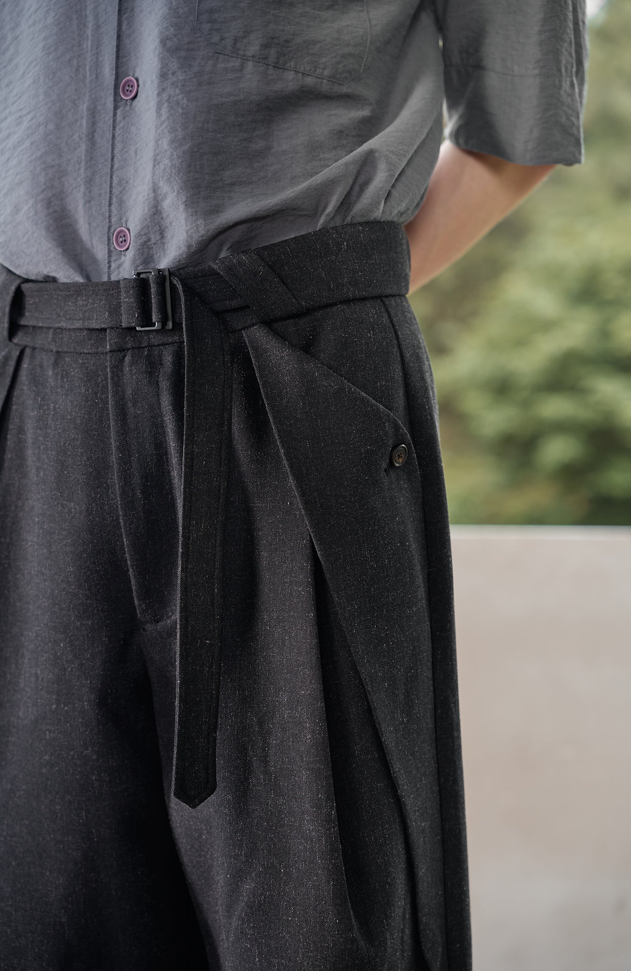 MOITIEDEPETALE Linen-Blend Wrap Belt Curved-Leg Trousers
