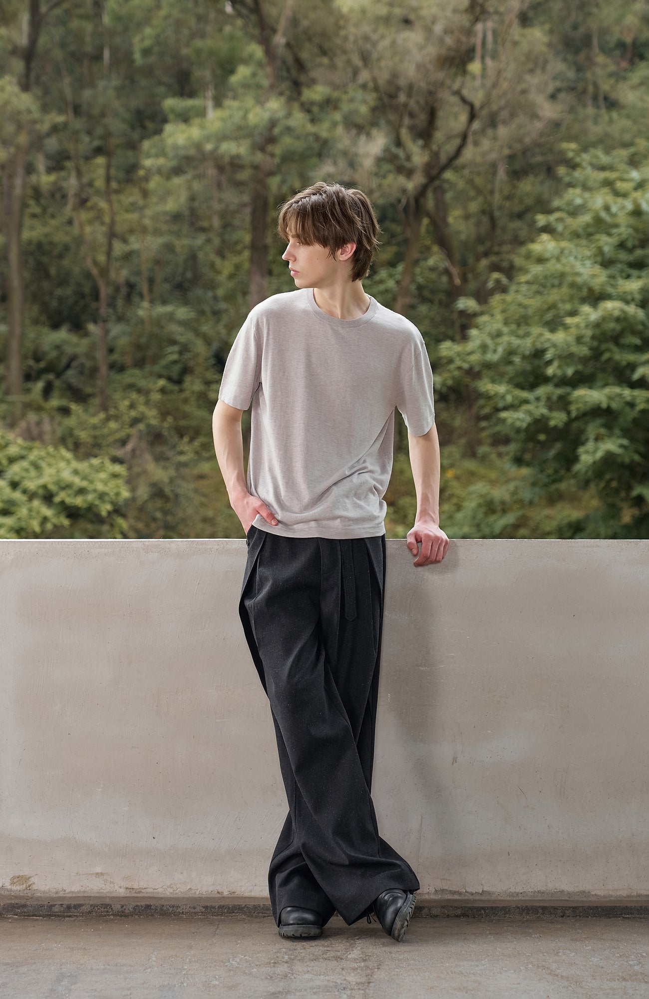 MOITIEDEPETALE Linen-Blend Wrap Belt Curved-Leg Trousers
