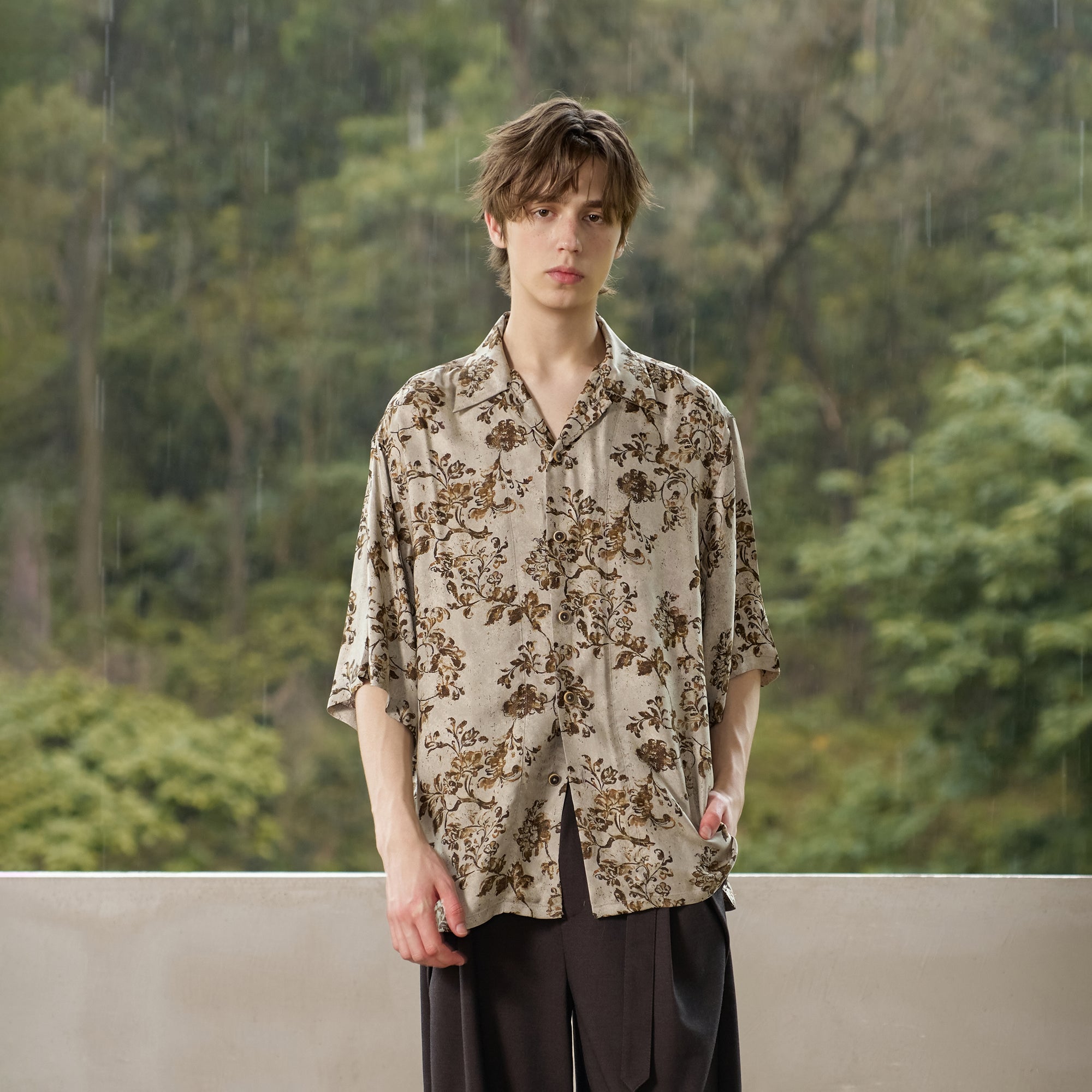 MOITIEDEPETALE Retro Floral Cupro-Blend Half Shirt
