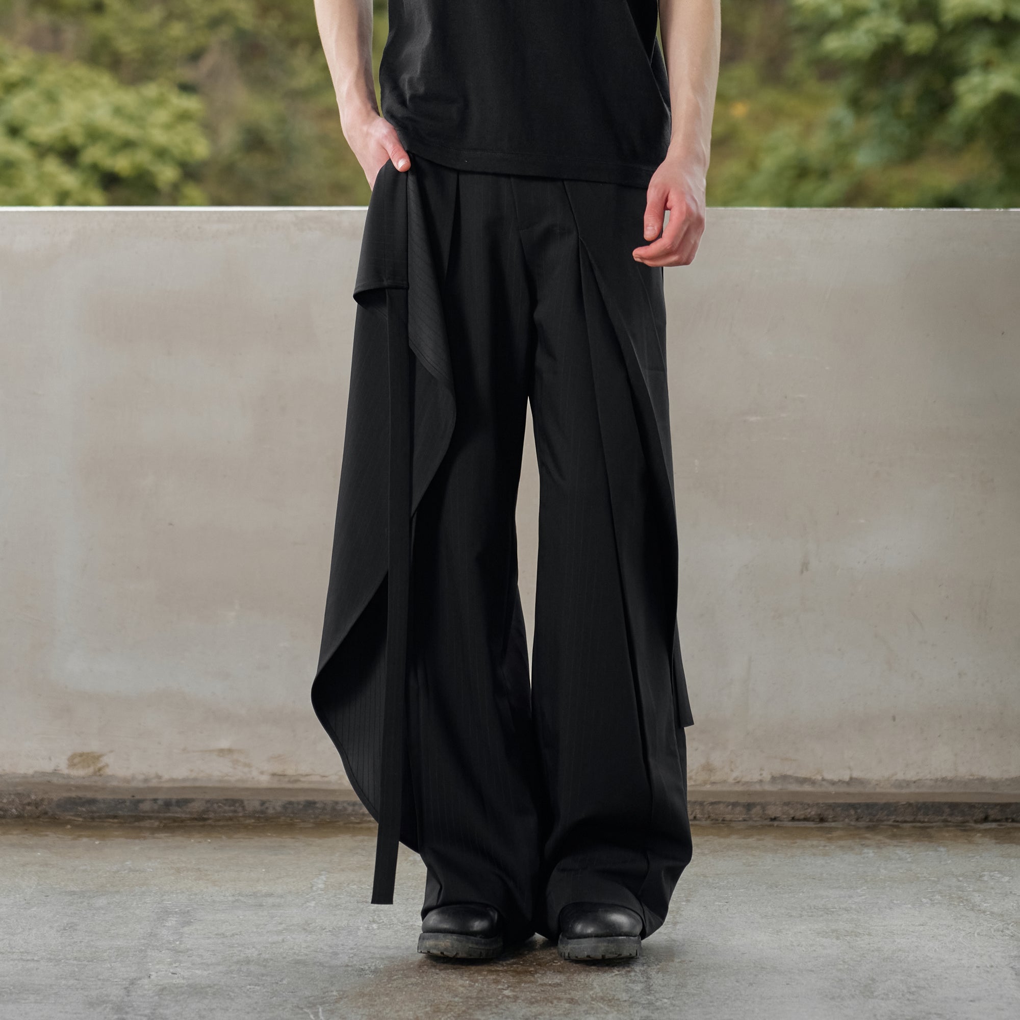 MOITIEDEPETALE Detachable Wrap Panel Slanted Pleat Trousers