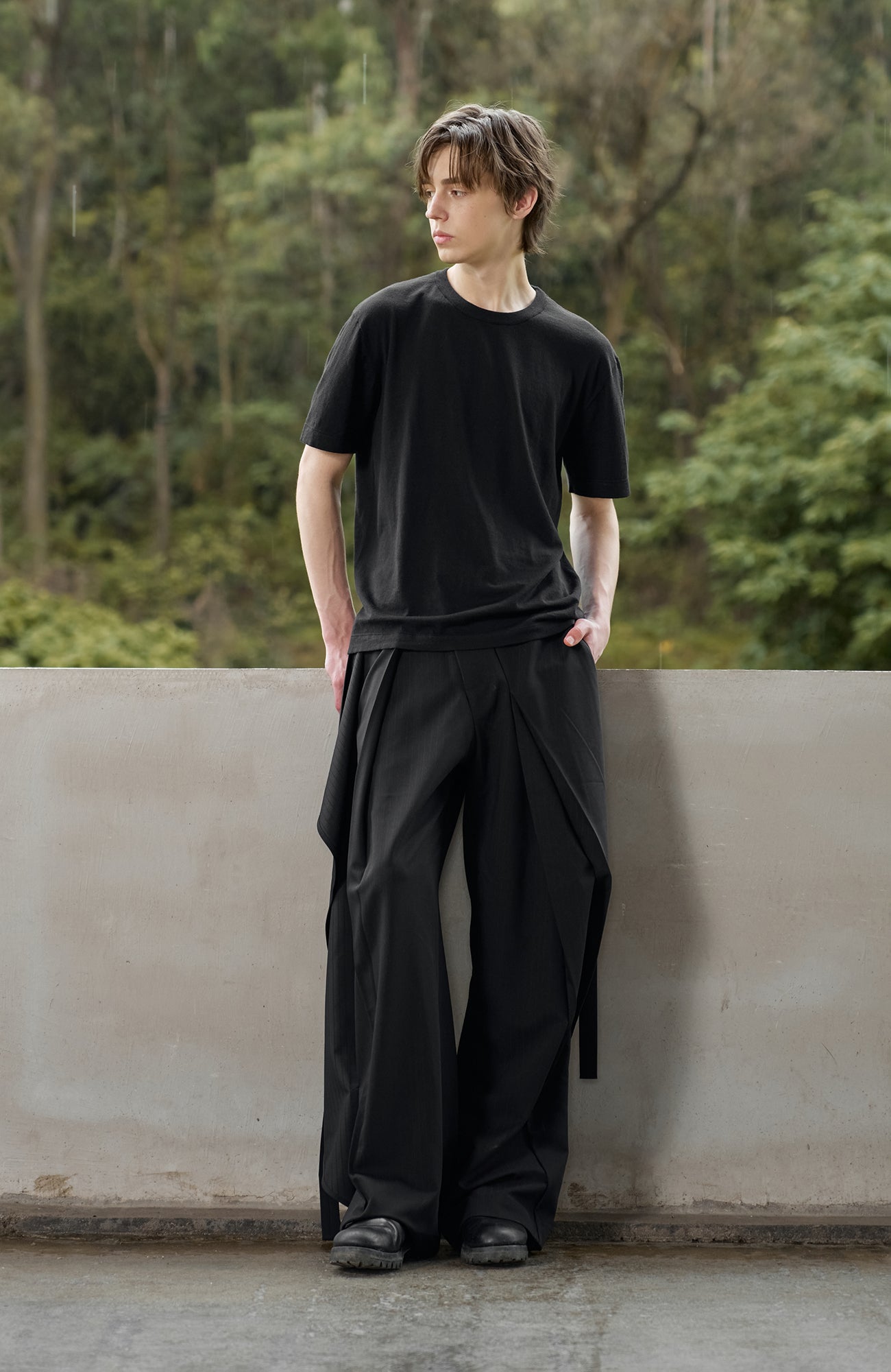 MOITIEDEPETALE Detachable Wrap Panel Slanted Pleat Trousers