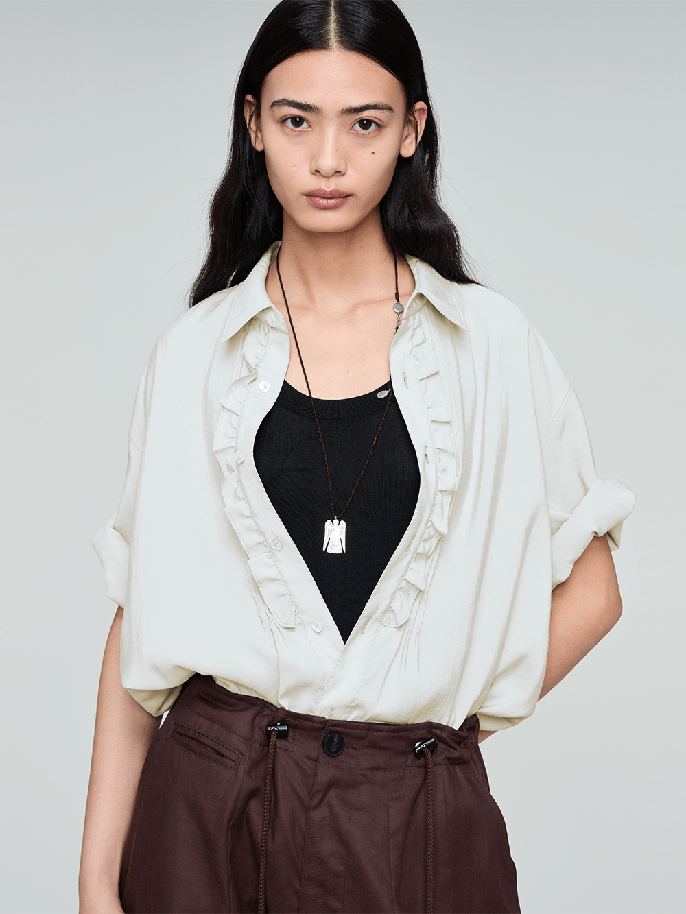 OPICLOTH Retro Pintuck Ruffle Modal Blend Half Shirt