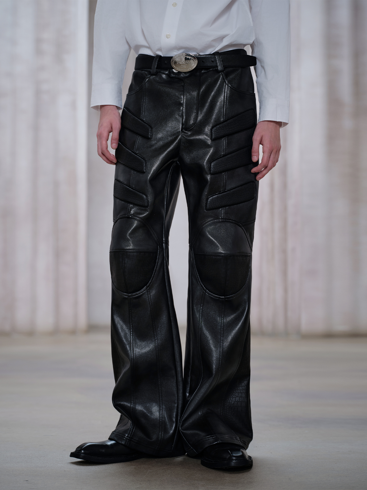 FACEONLAB Panel Armored Faux Leather Biker Pants Black