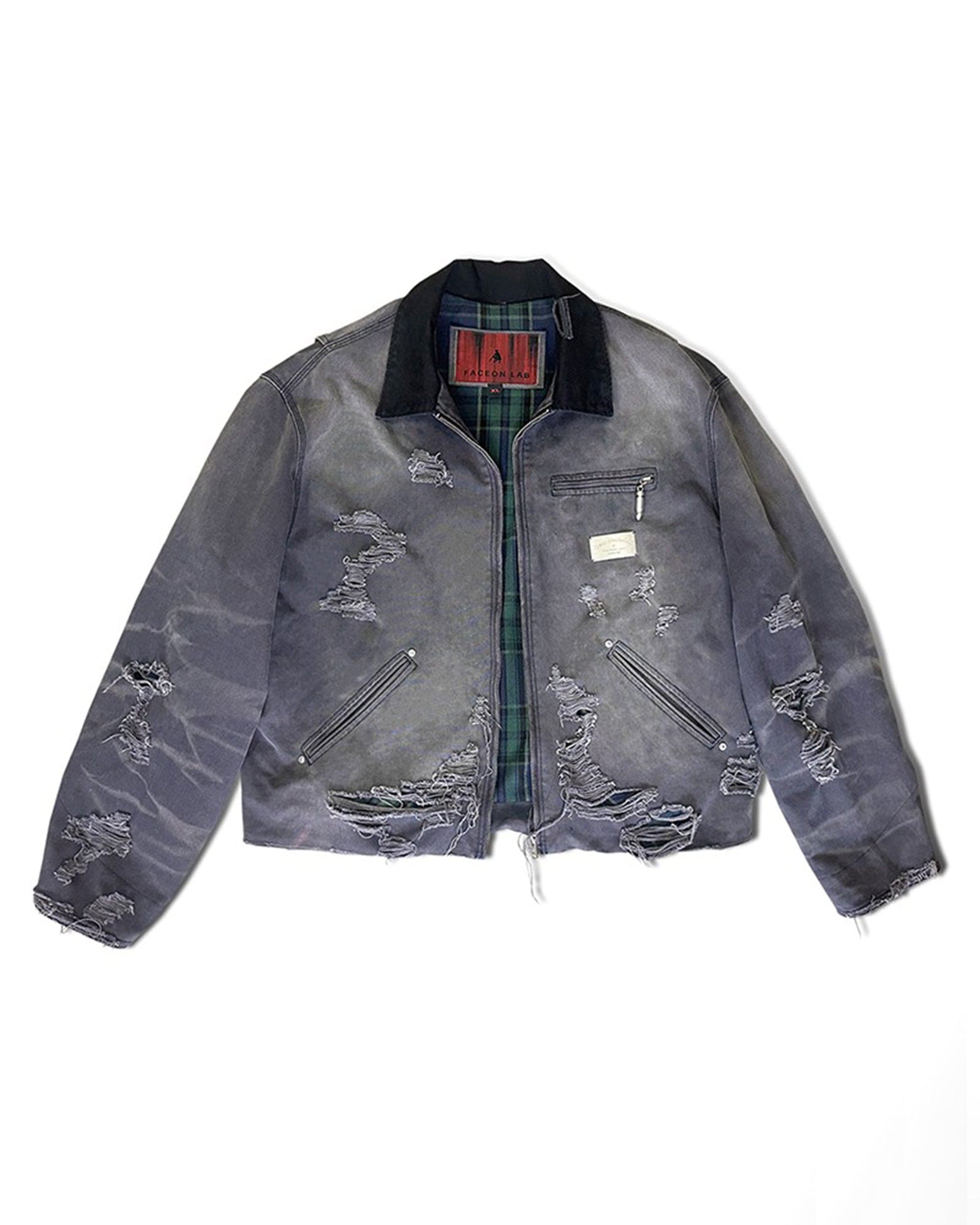 FACEONLAB Raw-Edge Ripped Rivet Metal Emblem Jacket Grey