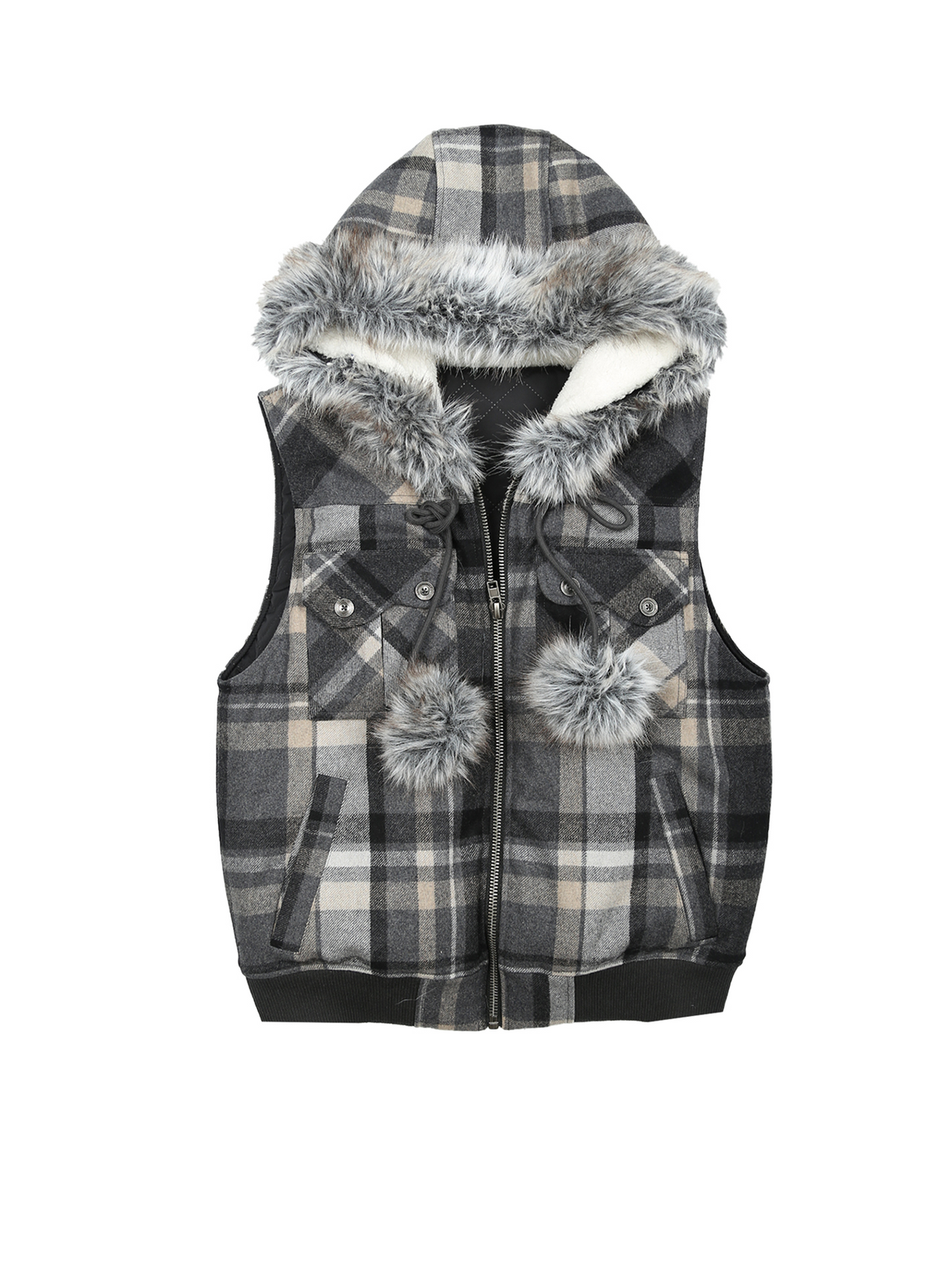 TRECLUB Retro Plaid Hooded Faux Fur Collar Vest