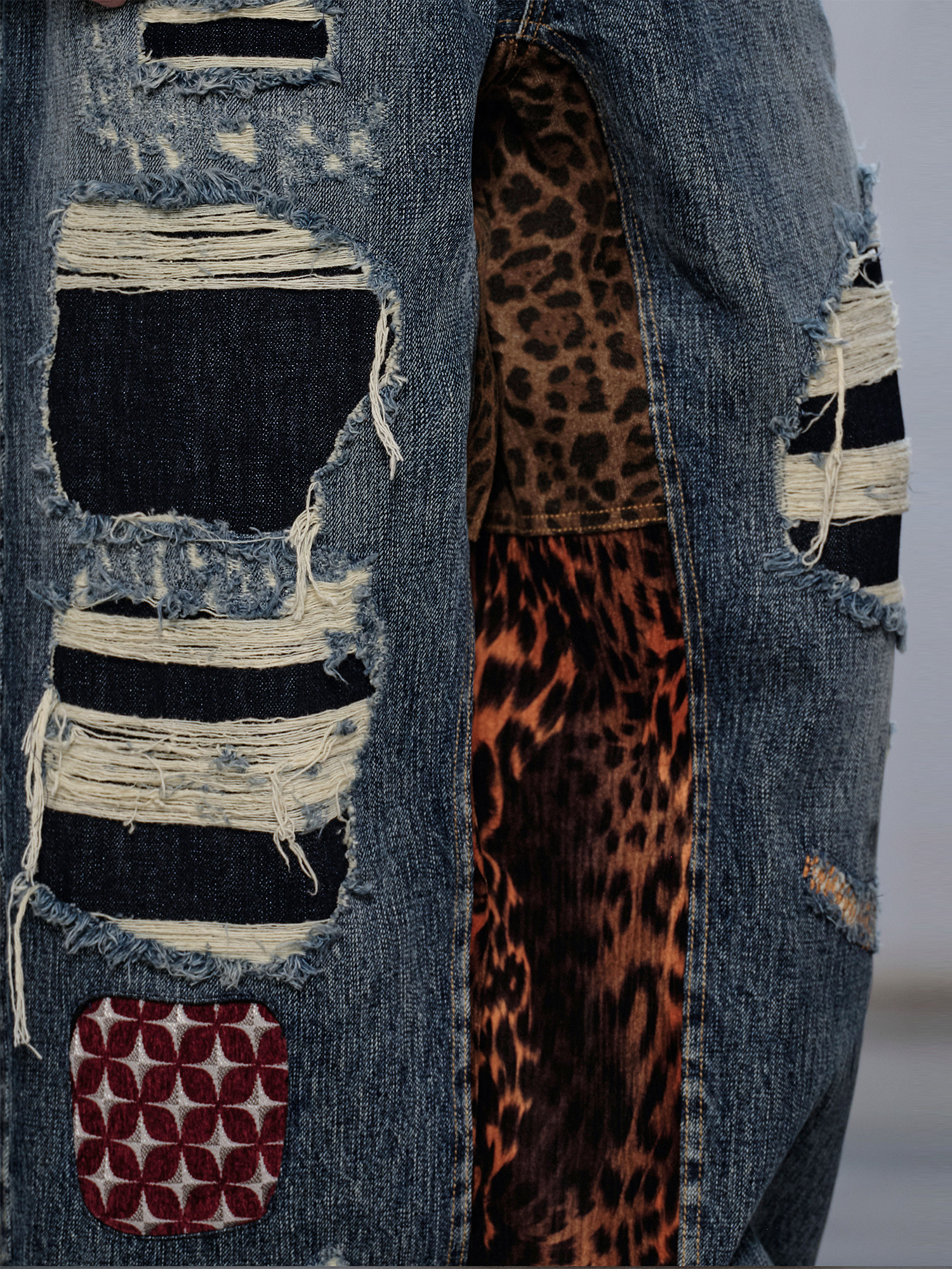 FACEONLAB Distressed Patch Leopard Paneled Jeans, premium urban and streetwear designers apparel on PROJECTISR.com, FACEONLAB