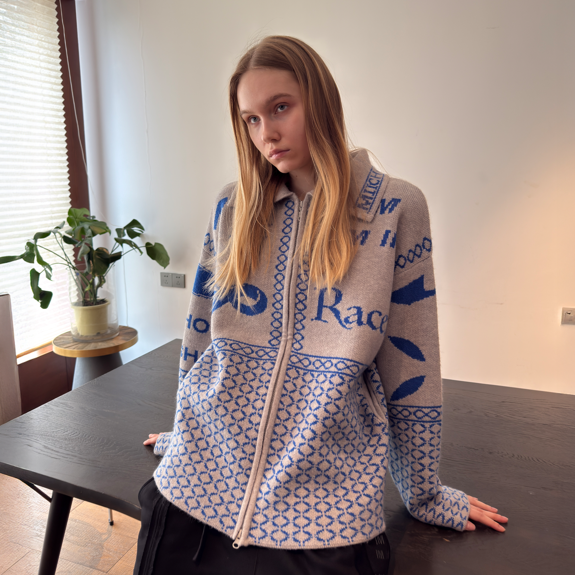 MIICHOUS Racer Geometric Jacquard Zip-Up Cardigan