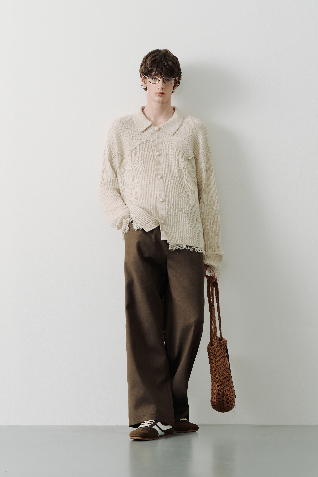 SAME FLOW Floral Embroidery Fringe-Hem Rib Cardigan