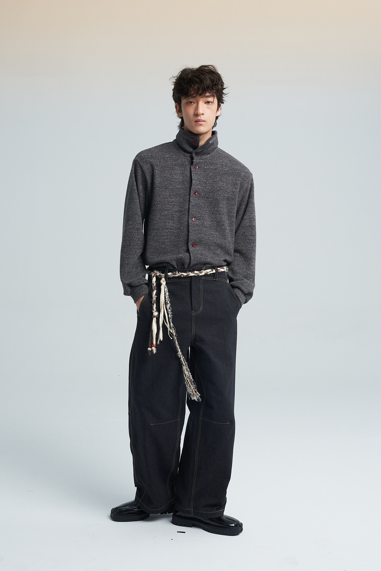 SAME FLOW Contrast Button Mandarin-Collar Cardigan