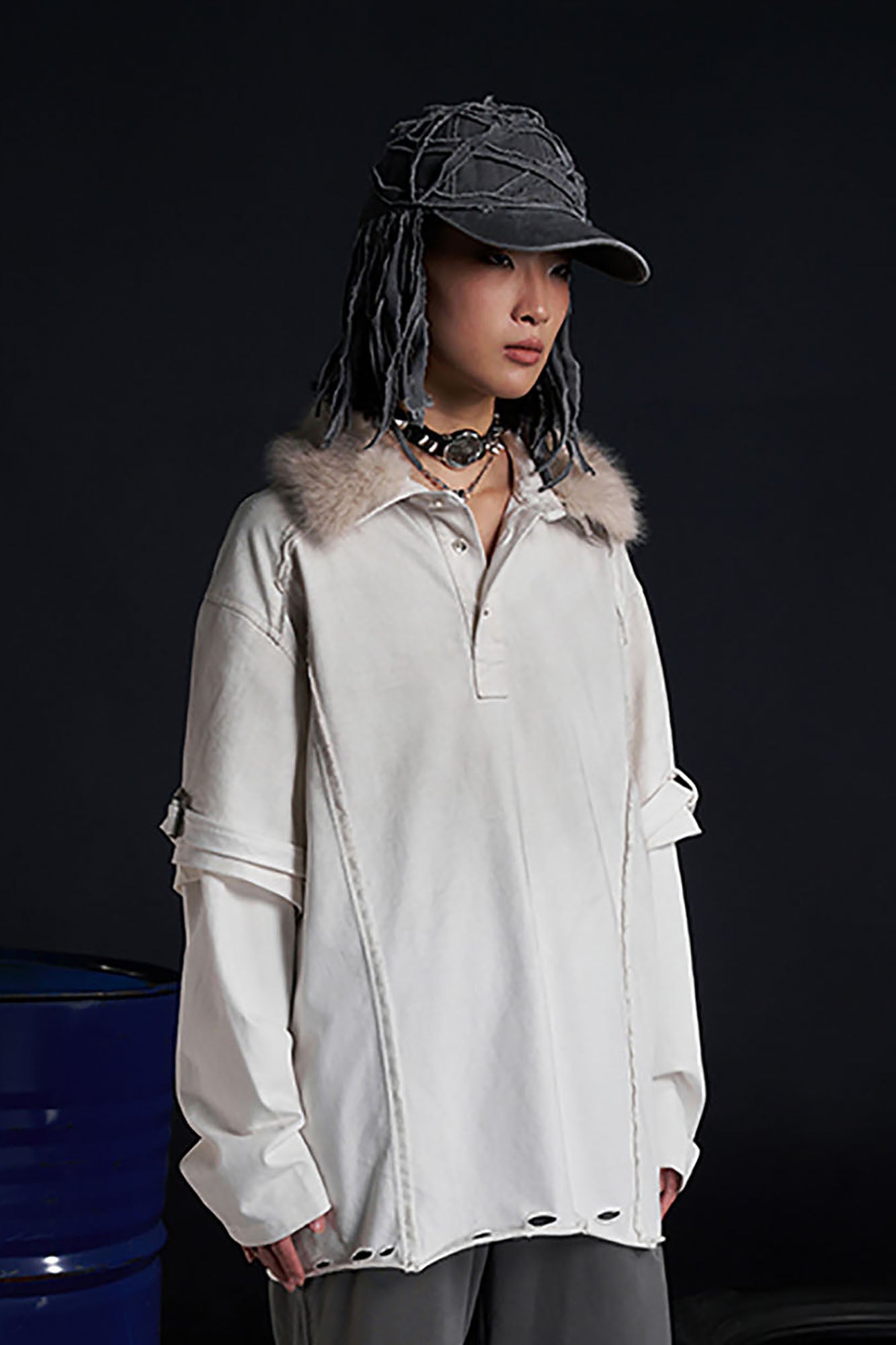 RECOVER ZONE Detachable Faux Fur Collar Long Sleeve Shirt