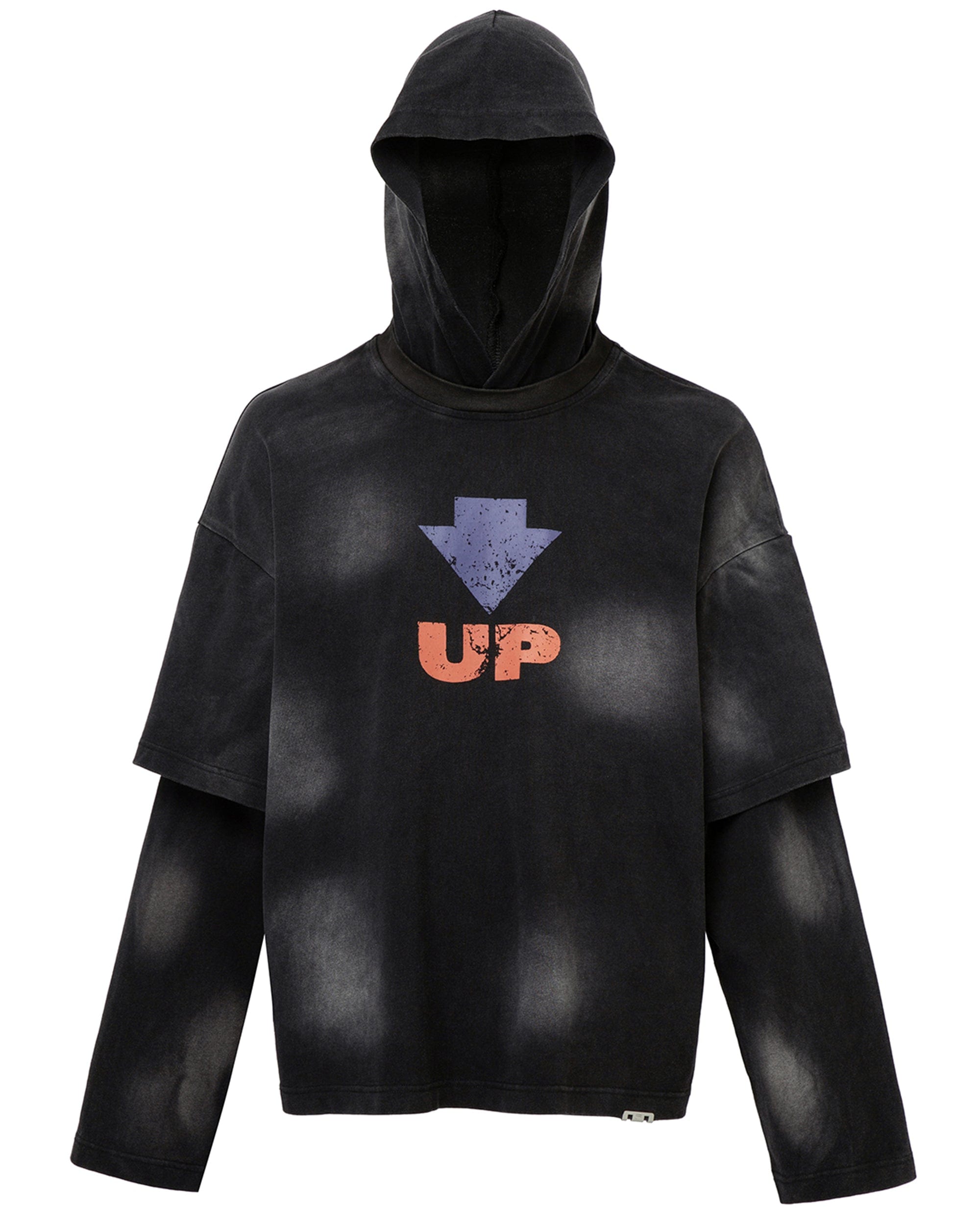 F2CE Distressed Layered Graphics Hooded Long-Sleeve T-Shirt