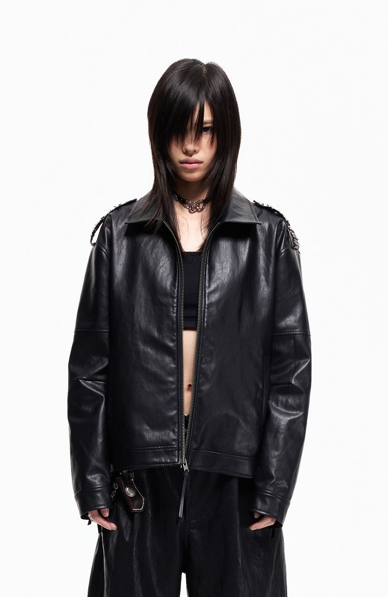 2000RSK Pin-Shoulder Faux Leather Biker Jacket