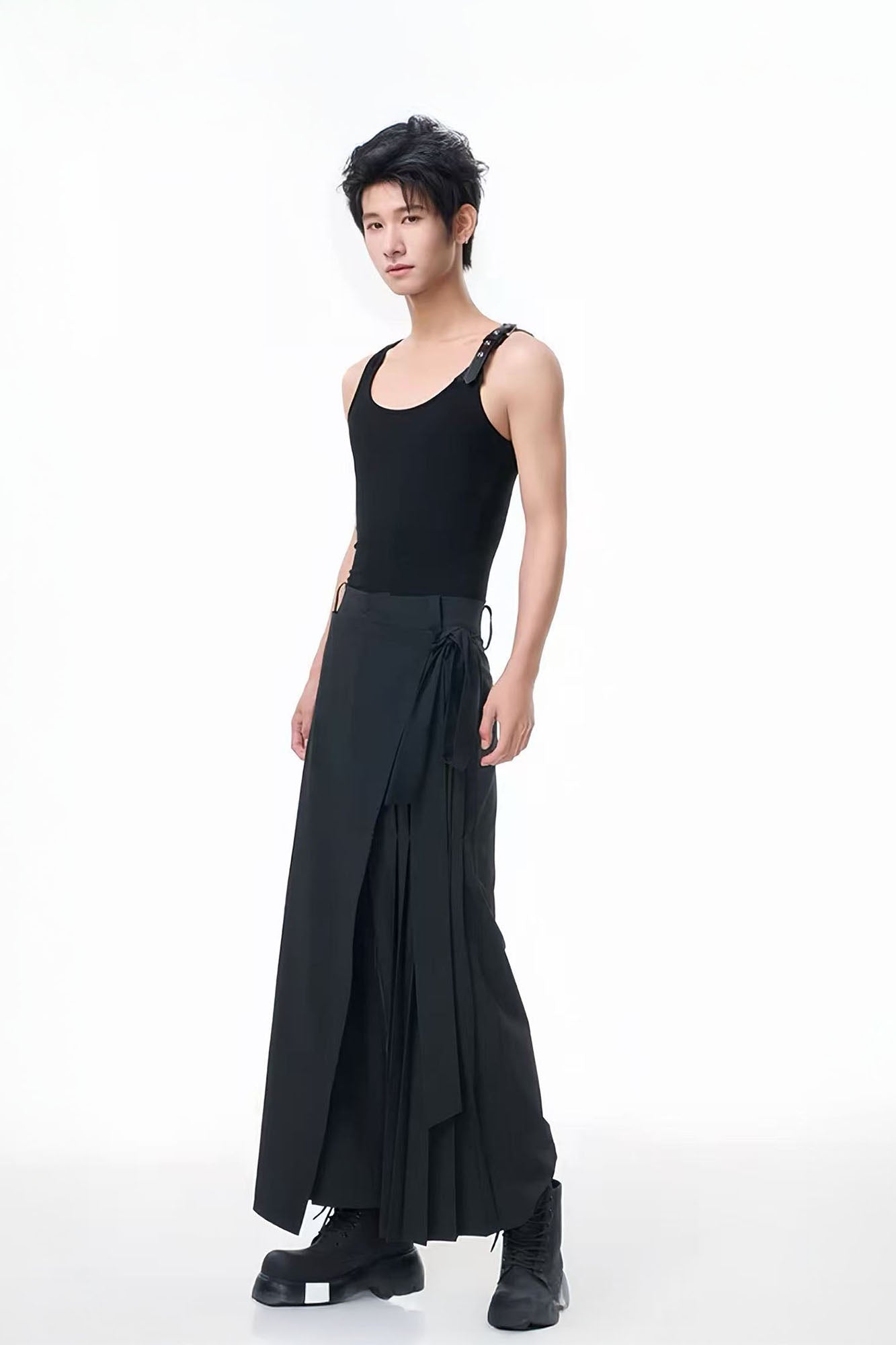 TUIMU Asymmetrical Wrap Pleated Wide-Leg Trousers, premium urban and streetwear designers apparel on PROJECTISR.com, TUIMU