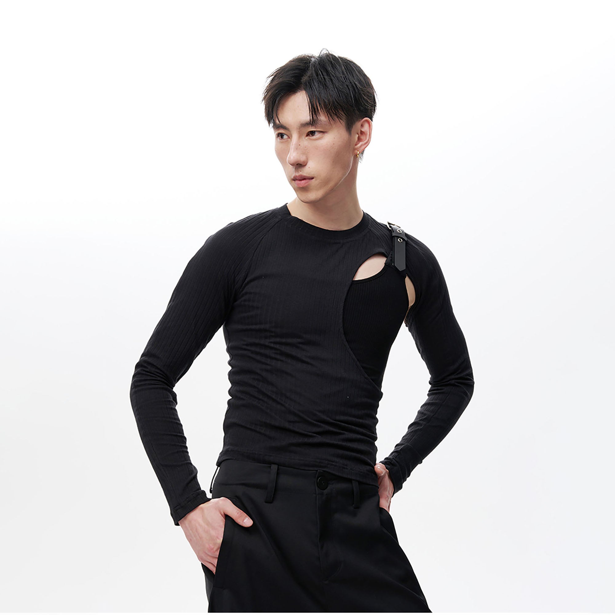 TUIMU Belted Cut-Out Ribbed Long-Sleeve Tee, premium urban and streetwear designers apparel on PROJECTISR.com, TUIMU