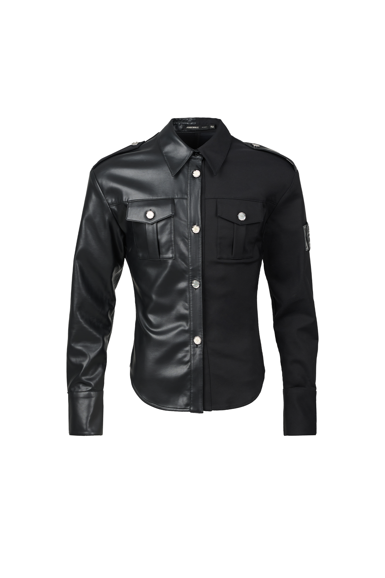 455EMBLE Faux Leather Panelled Epaulette Slim Shirt