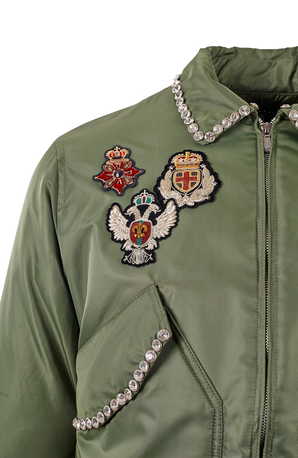 ZWDH Studded Rhinestone Emblem Hand-Embroidered Varsity Jacket