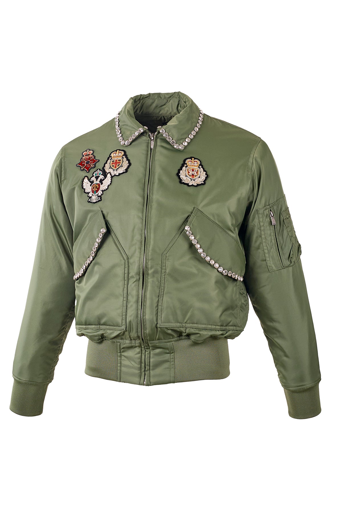 ZWDH Studded Rhinestone Emblem Hand-Embroidered Varsity Jacket