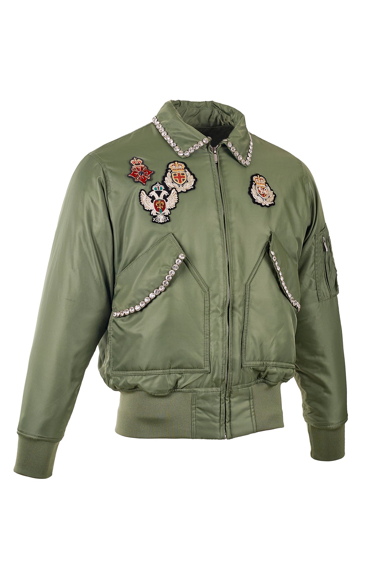 ZWDH Studded Rhinestone Emblem Hand-Embroidered Varsity Jacket