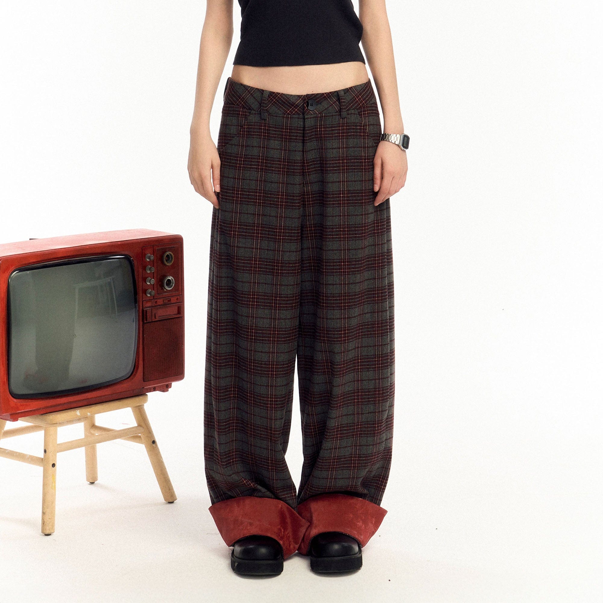 OIPWORD Plaid Fold-Hem Trousers, premium urban and streetwear designers apparel on PROJECTISR.com, OIPWORD