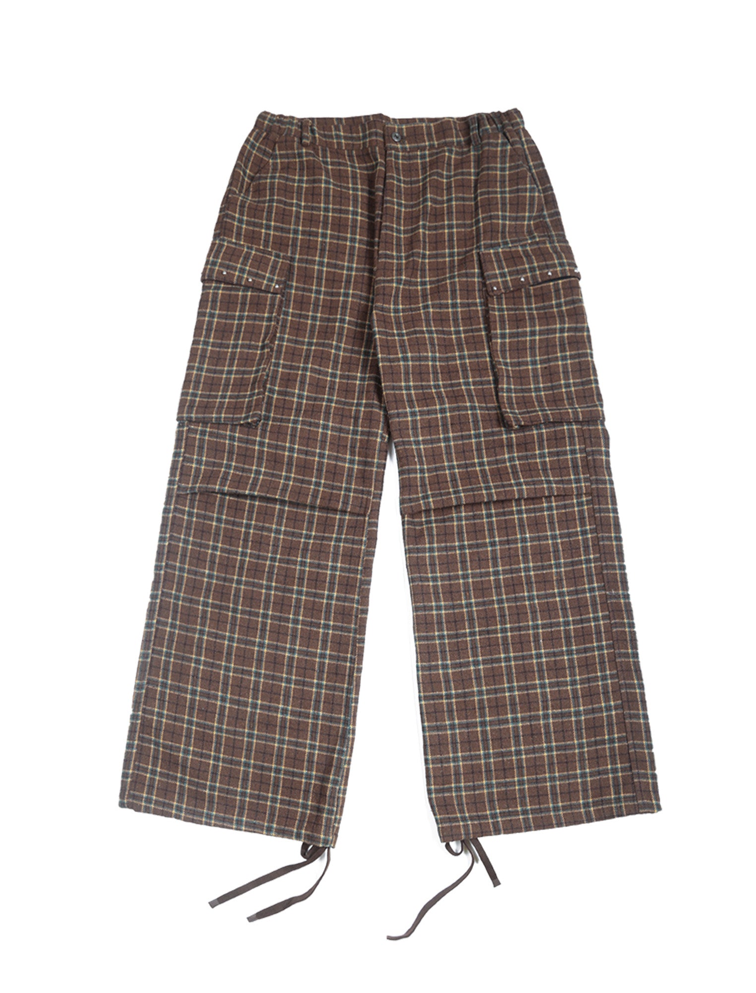 TRECLUB Plaid Pleated-Knee Wide-Leg Cargo Pants, premium urban and streetwear designers apparel on PROJECTISR.com, TRECLUB